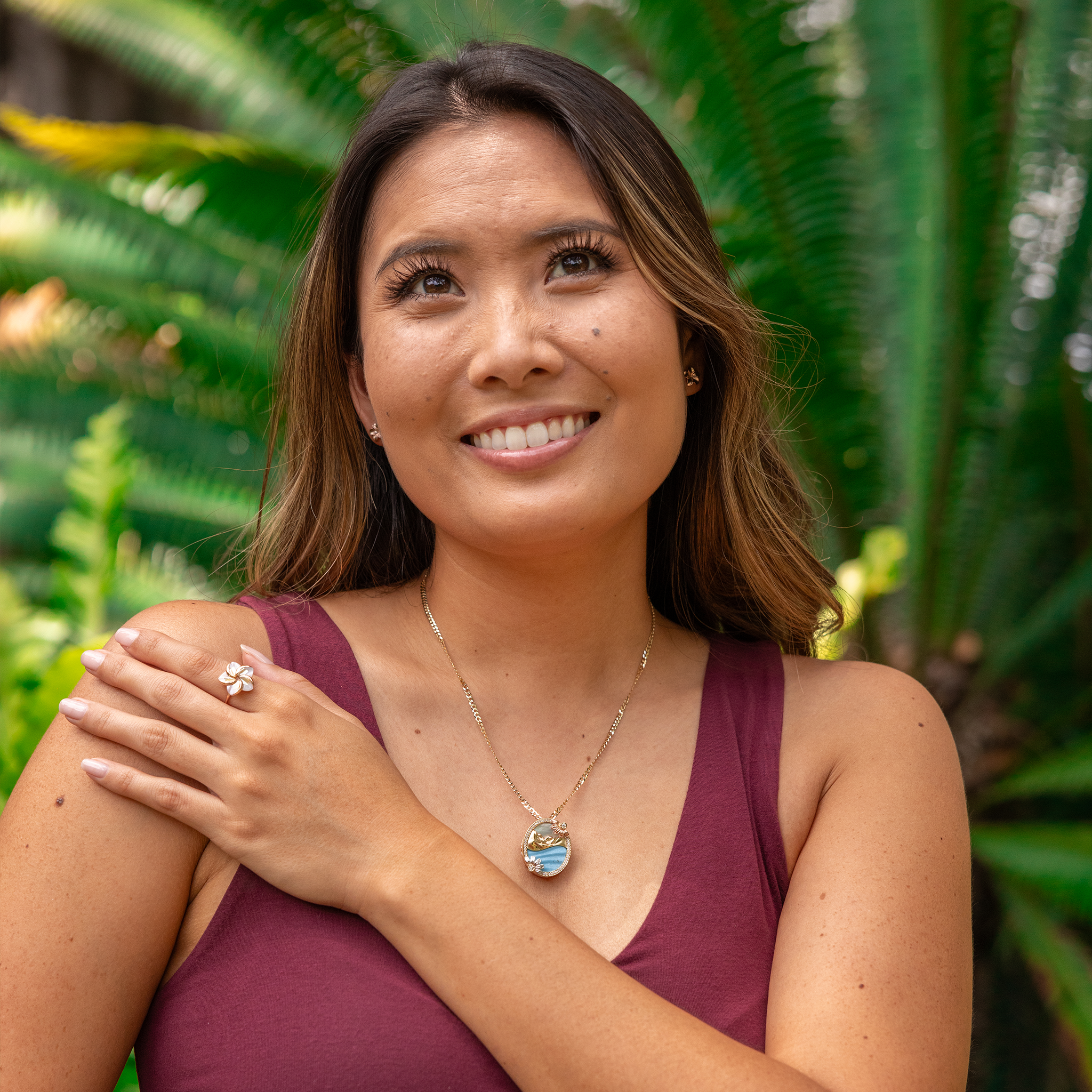 ビーチ&マウンテン ナウパカ ターコイズ&マザーオブパールペンダント トリカラーゴールド ダイヤモンド付き