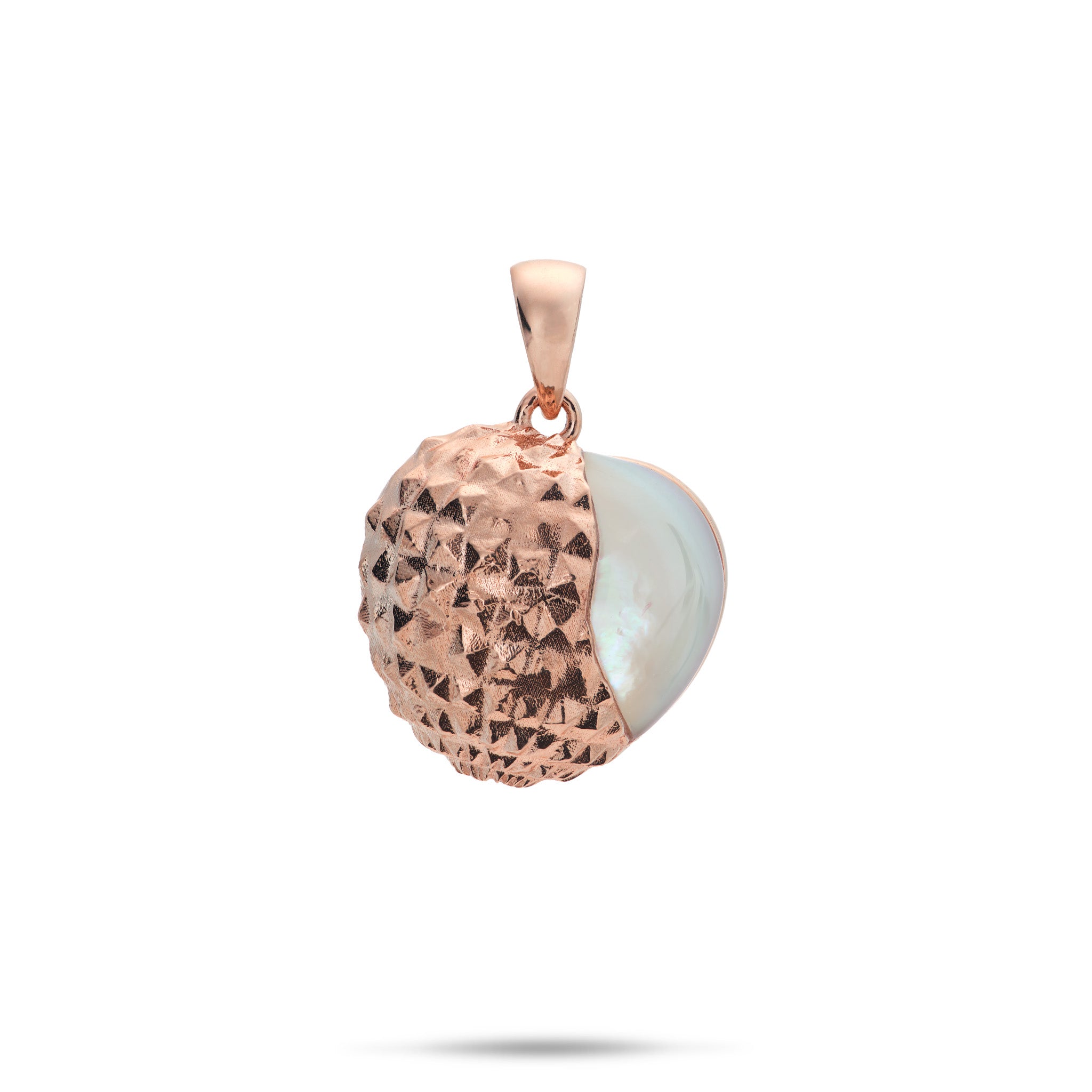 Front view of the Lychee Mother of Pearl Pendant in 14k Rose Gold on a White Background