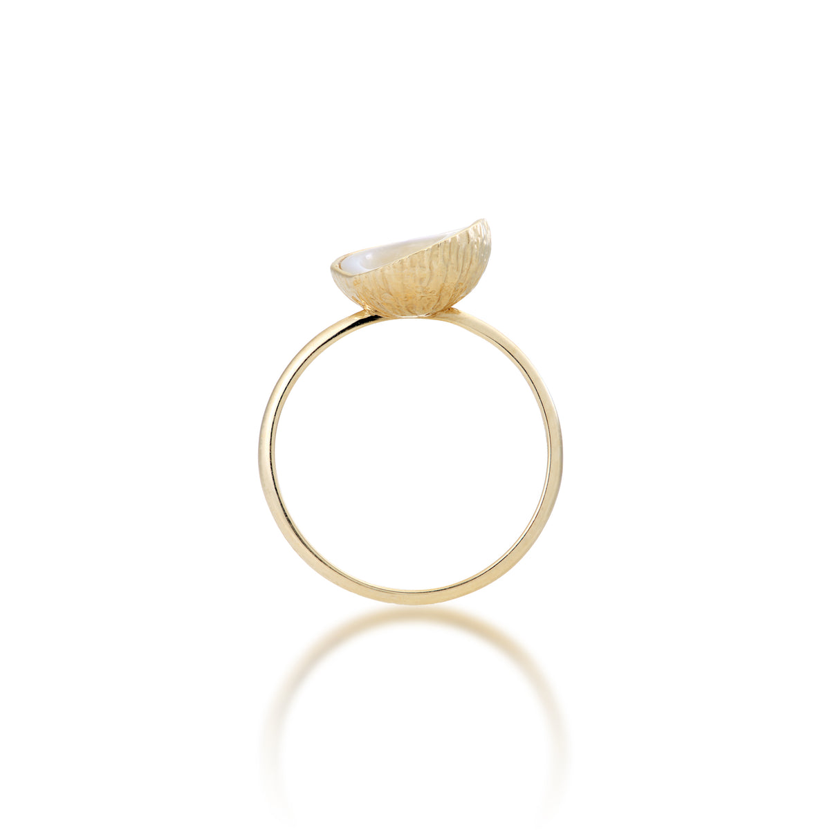 Side view of the 10mm Coconut Ring with Mother of Pearl Inlay in 14k Yellow Gold on a White Background