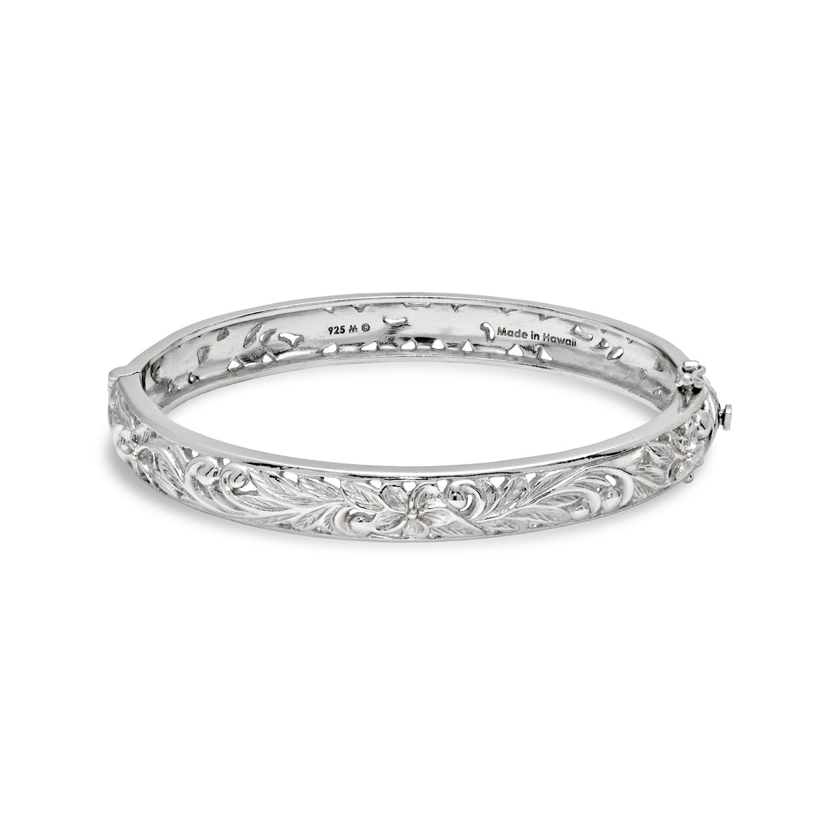 8mm Hawaiian Heirloom Plumeria Hinge Bracelet in Sterling Silver on a white background