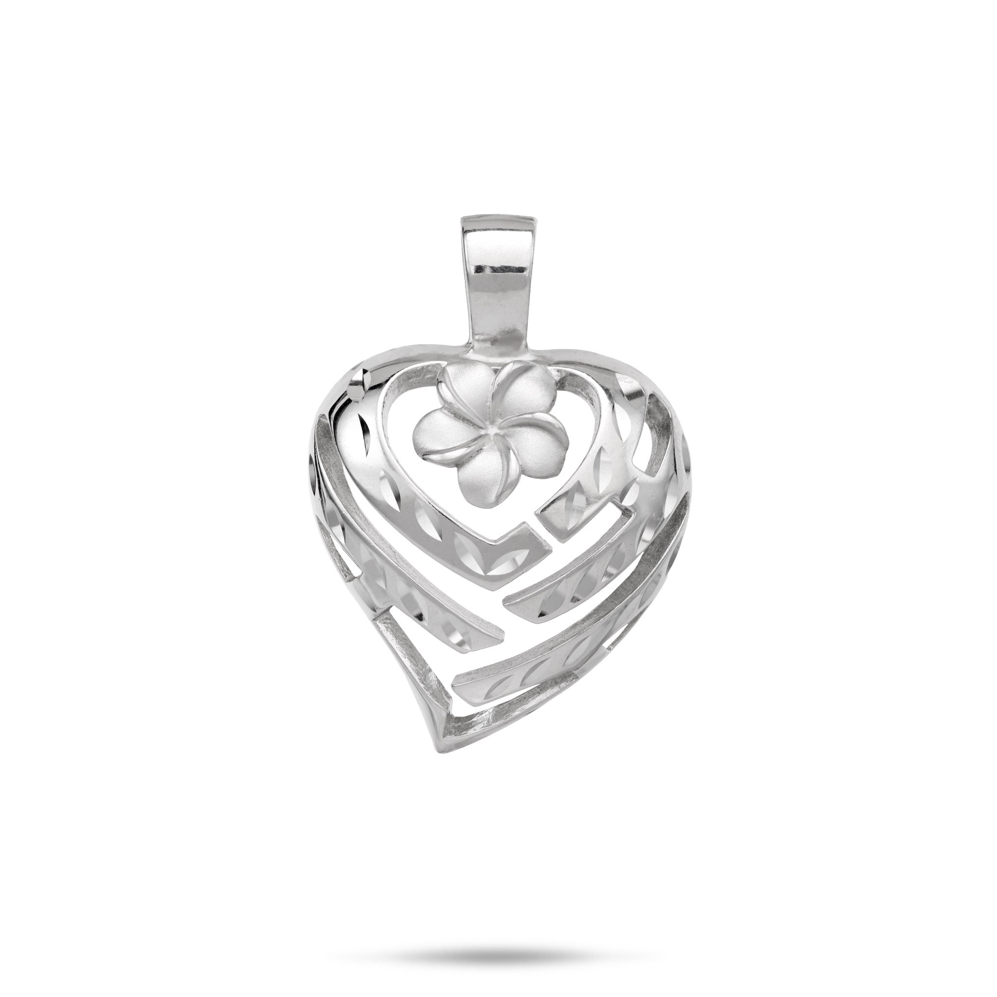 21mm Aloha Heart Plumeria Pendant in Sterling Silver on a white background