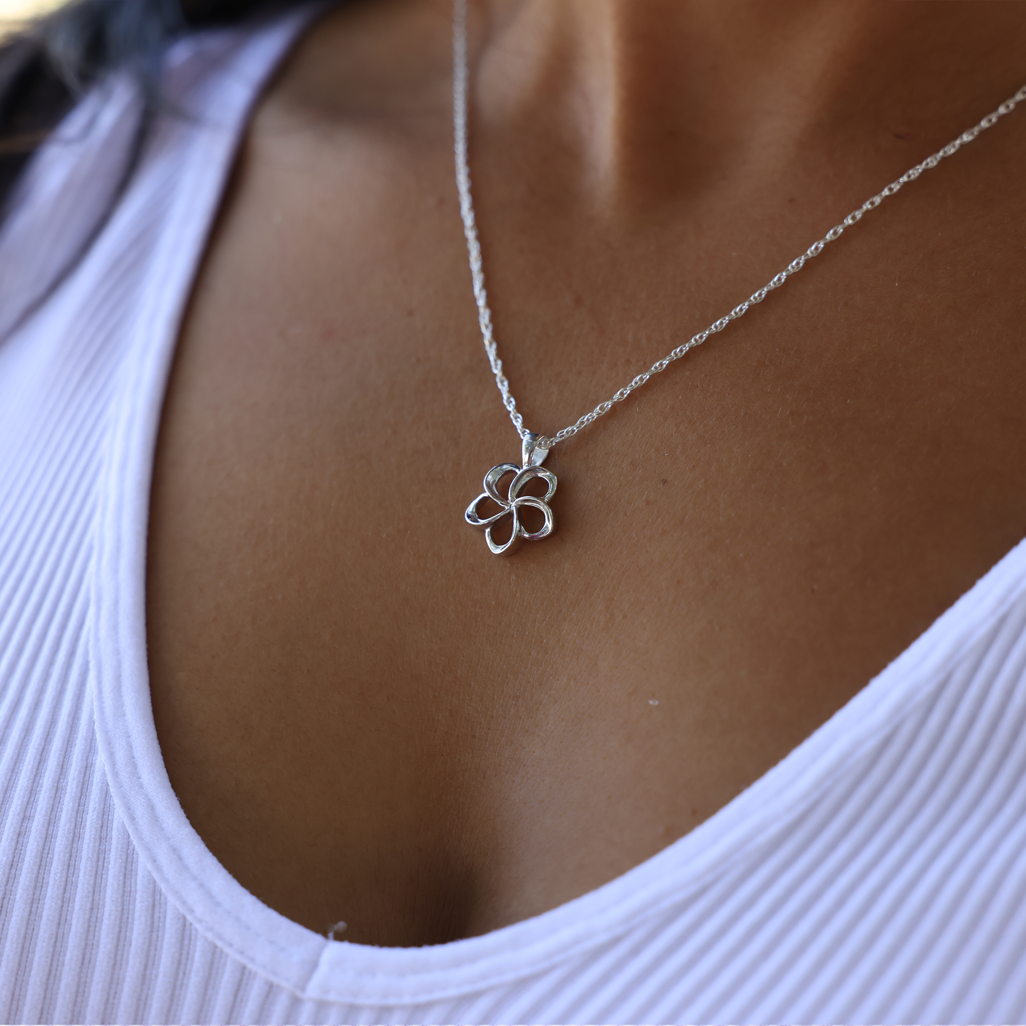 18" Plumeria Pendant in Sterling Silver - 15mm on model - Maui Divers Jewelry