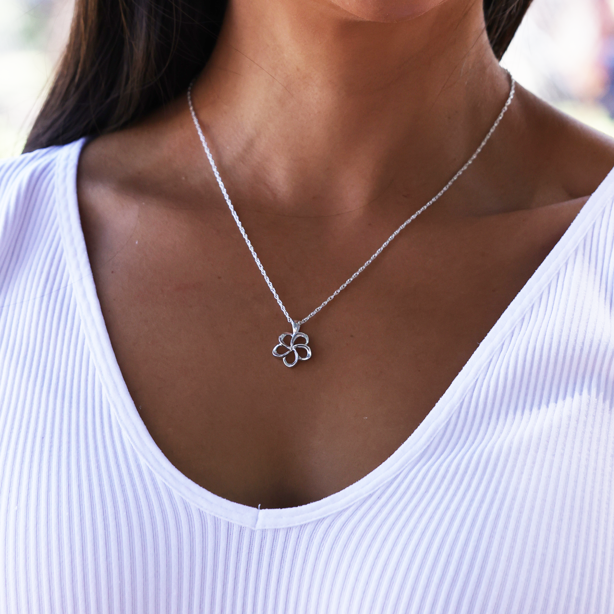 18" Plumeria Pendant in Sterling Silver - 15mm on model - Maui Divers Jewelry