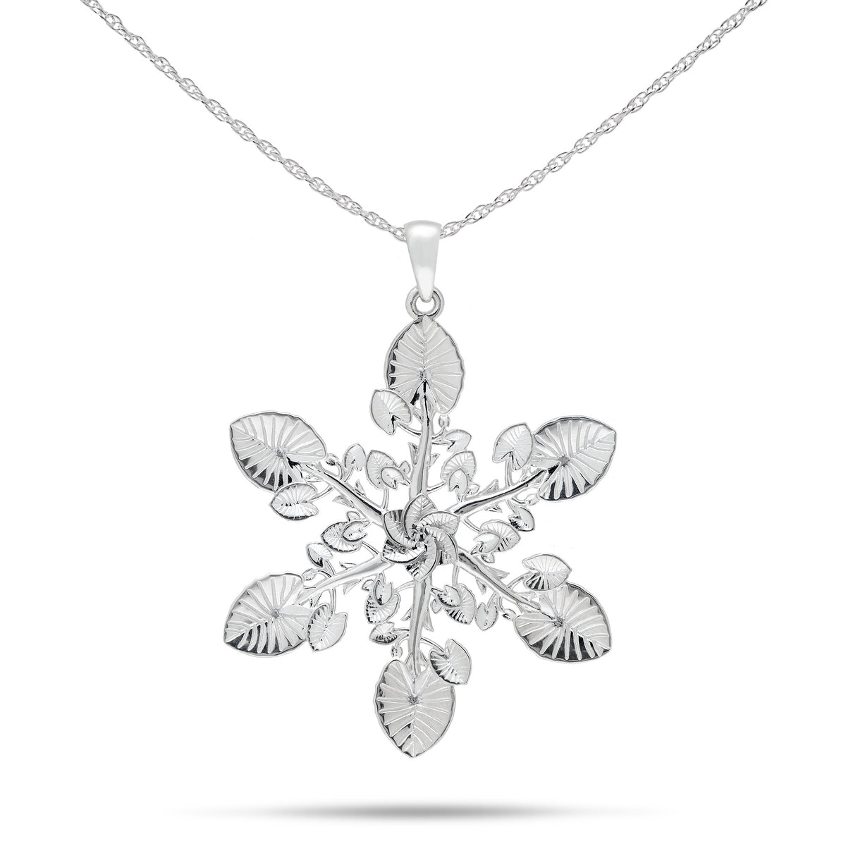 A sterling silver kalo leaf ornament/pendant in a snowflake style formation on a 1.5mm double rope chain, shown on a white background