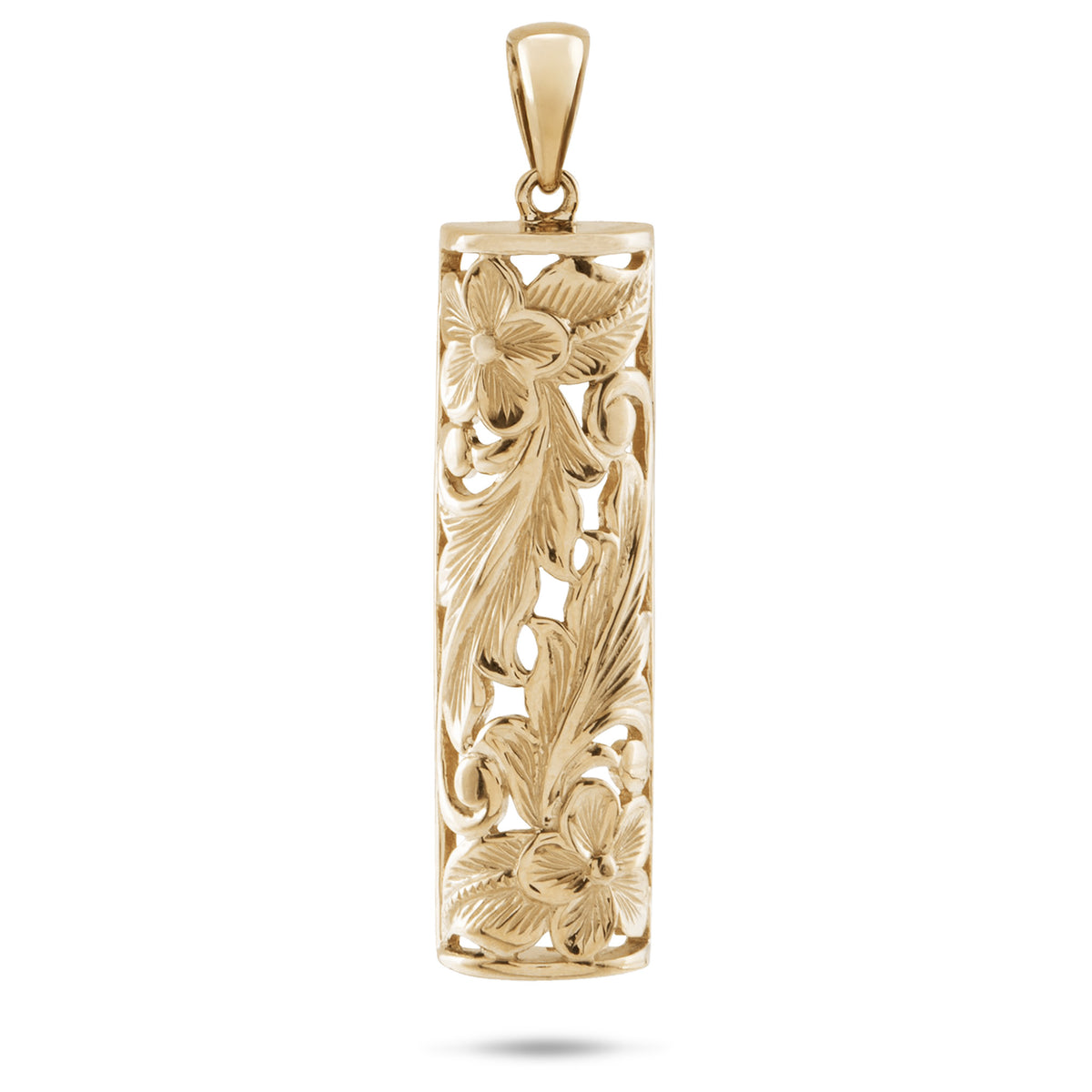 38mm Hawaiian Heirloom Plumeria half barrel Pendant in 14k yellow Gold, cut out design of plumeria flowers, maile leaves, hapuʻu fern, placed on a white background