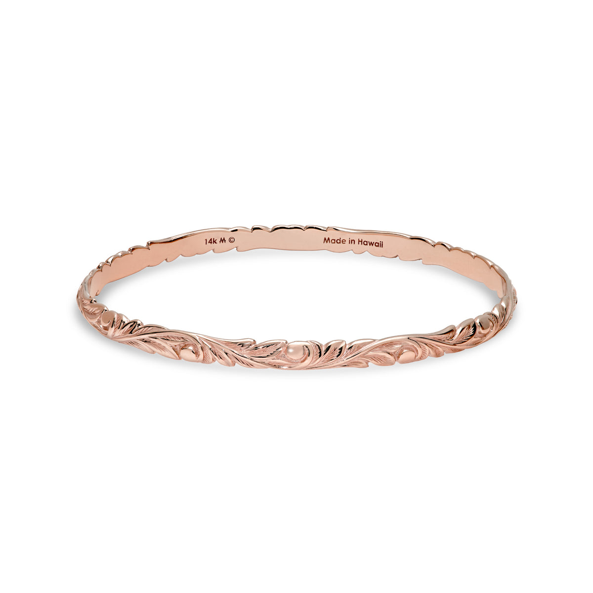 4.5mm Hawaiian Heirloom Old English Scroll Bracelet in solid 14k Rose Gold with maile leaves and hapuʻu fern design on a white background