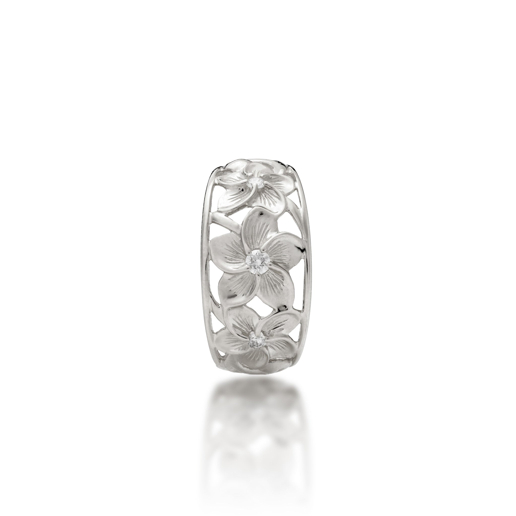 Top view of the 11mm Hawaiian Heirloom Plumeria Ring in White Gold with Diamonds on a white background