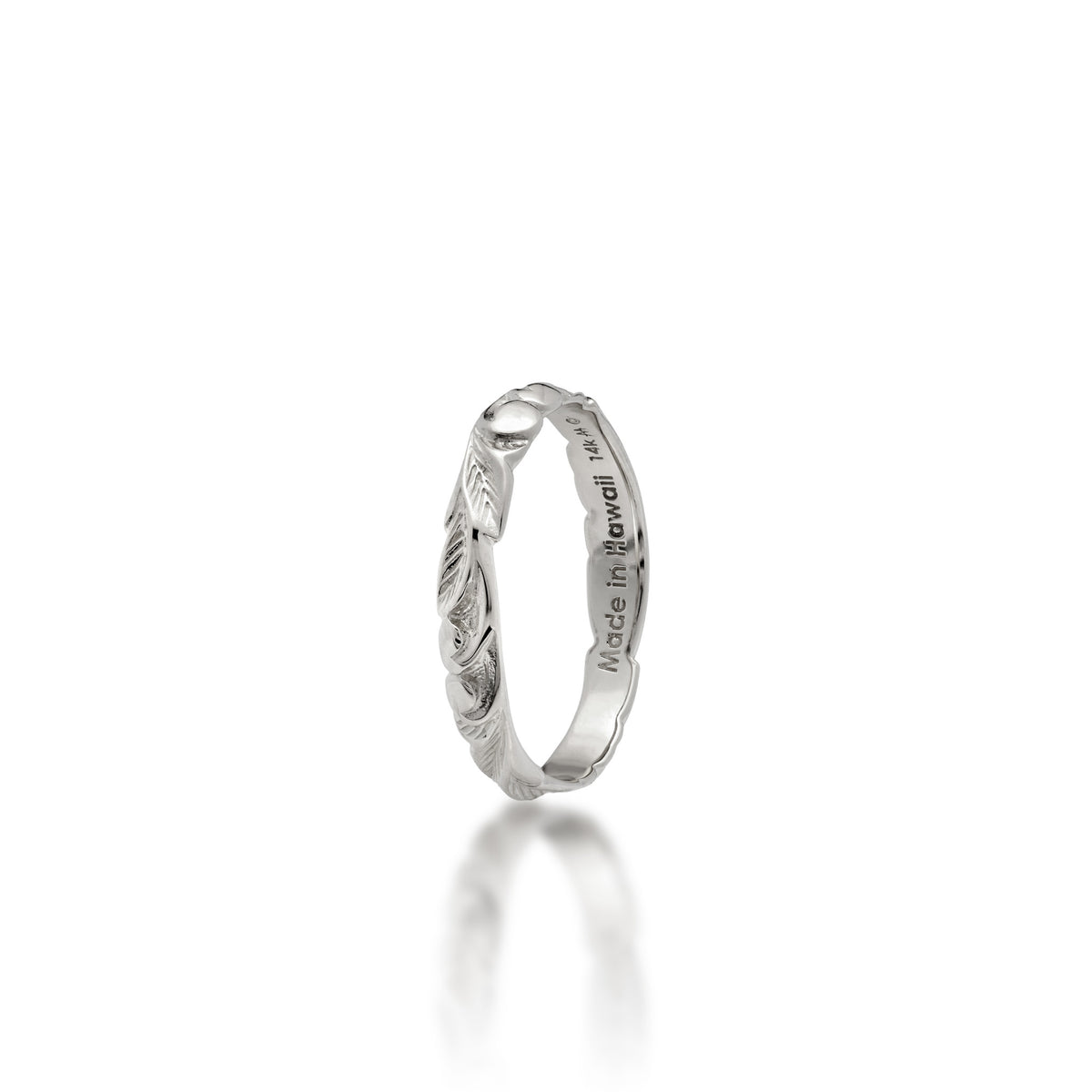 3mm Hawaiian Heirloom Ring in 14k White Gold with maile leaf and fern scrollwork and ʻMade in Hawaii 14kʻ stamp, shown on a white background