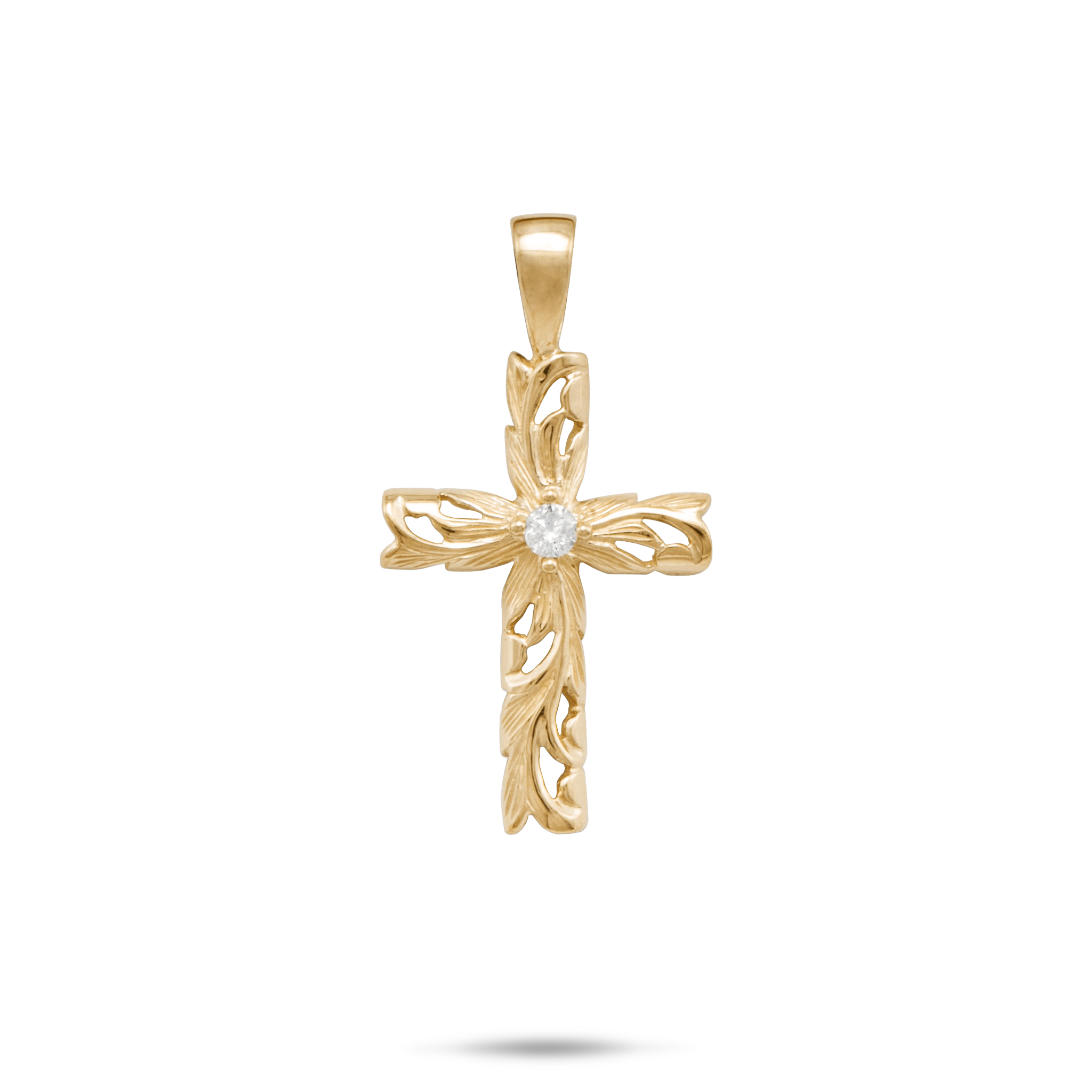 Hawaiian Heirloom Old English Scroll Cross Pendant in Gold with Diamond - 30mm