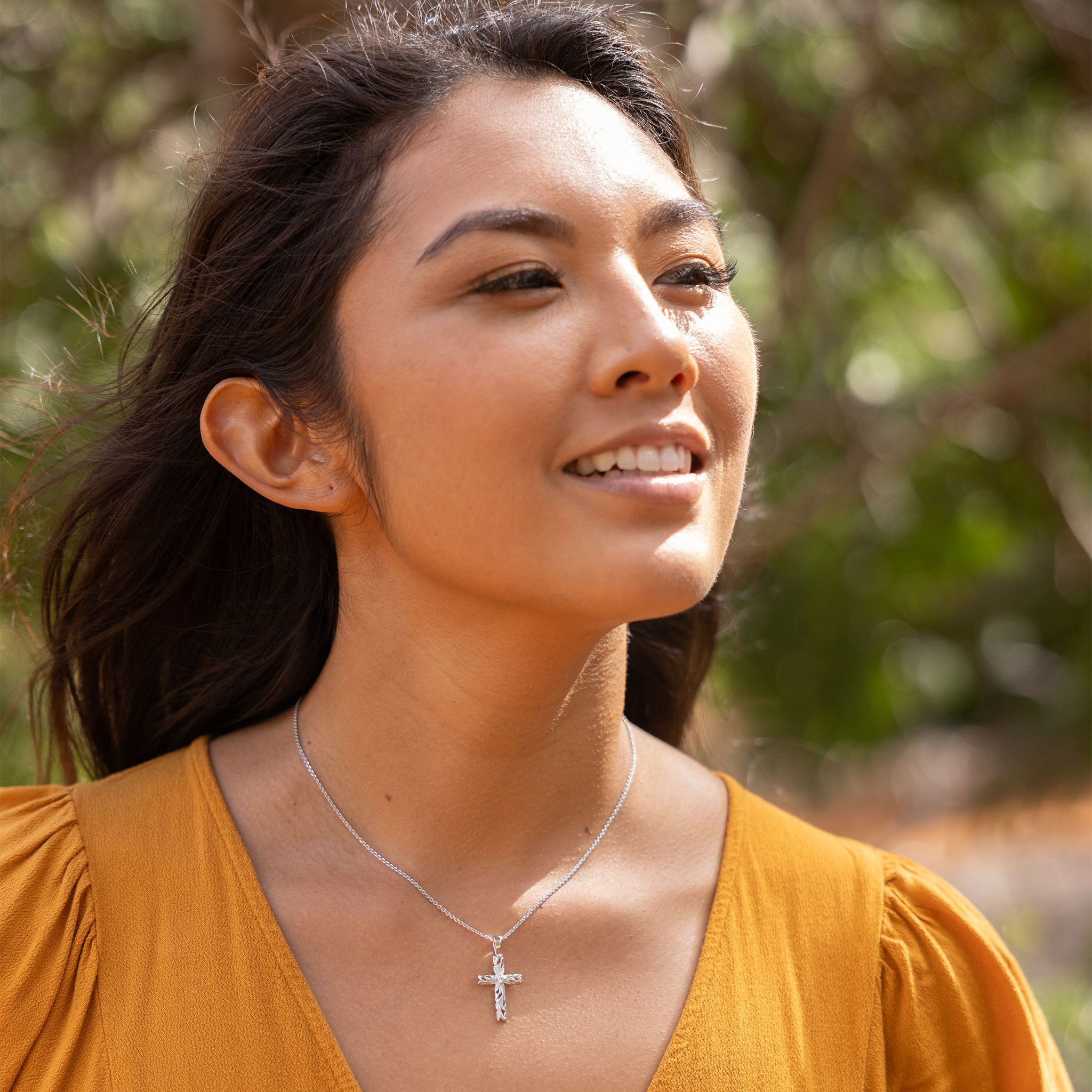 Hawaiian Heirloom Old English Scroll Cross Pendant in White Gold with Diamond - 23mm