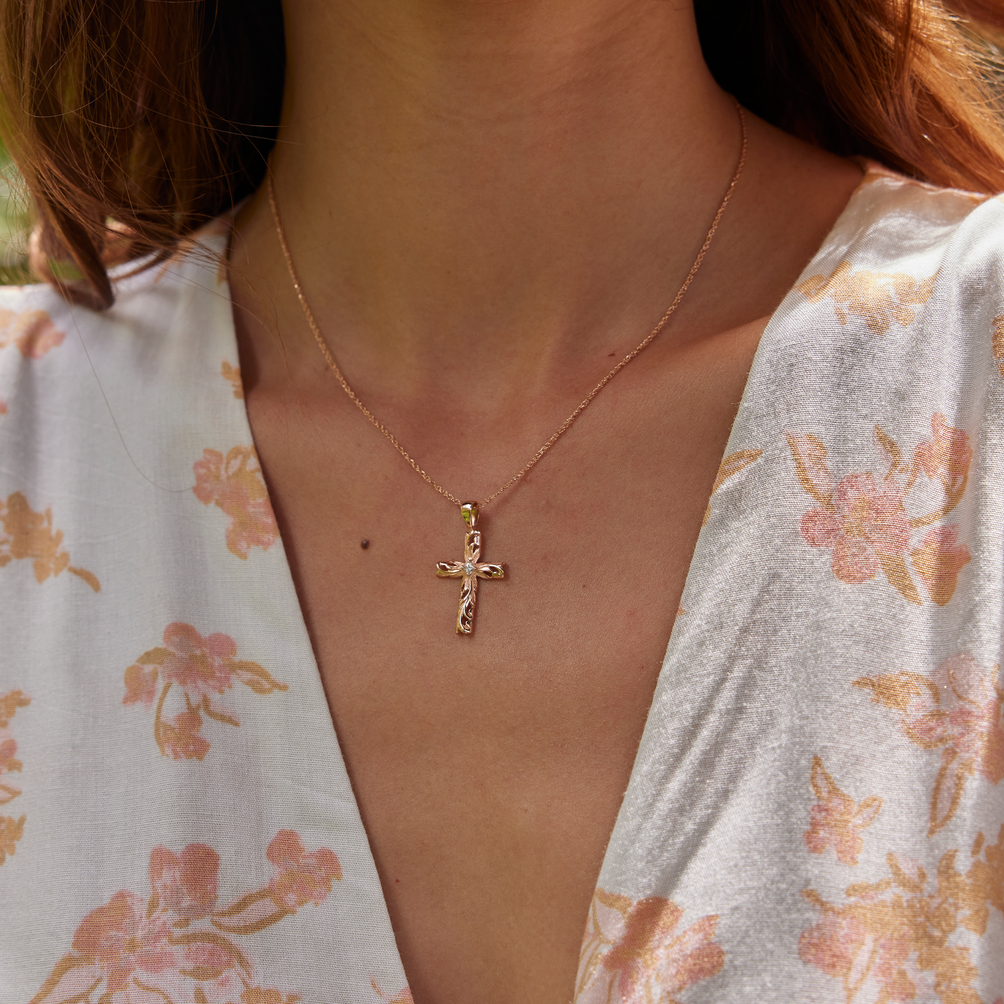 Hawaiian Heirloom Old English Scroll Cross Pendant in Rose Gold with Diamond - 23mm