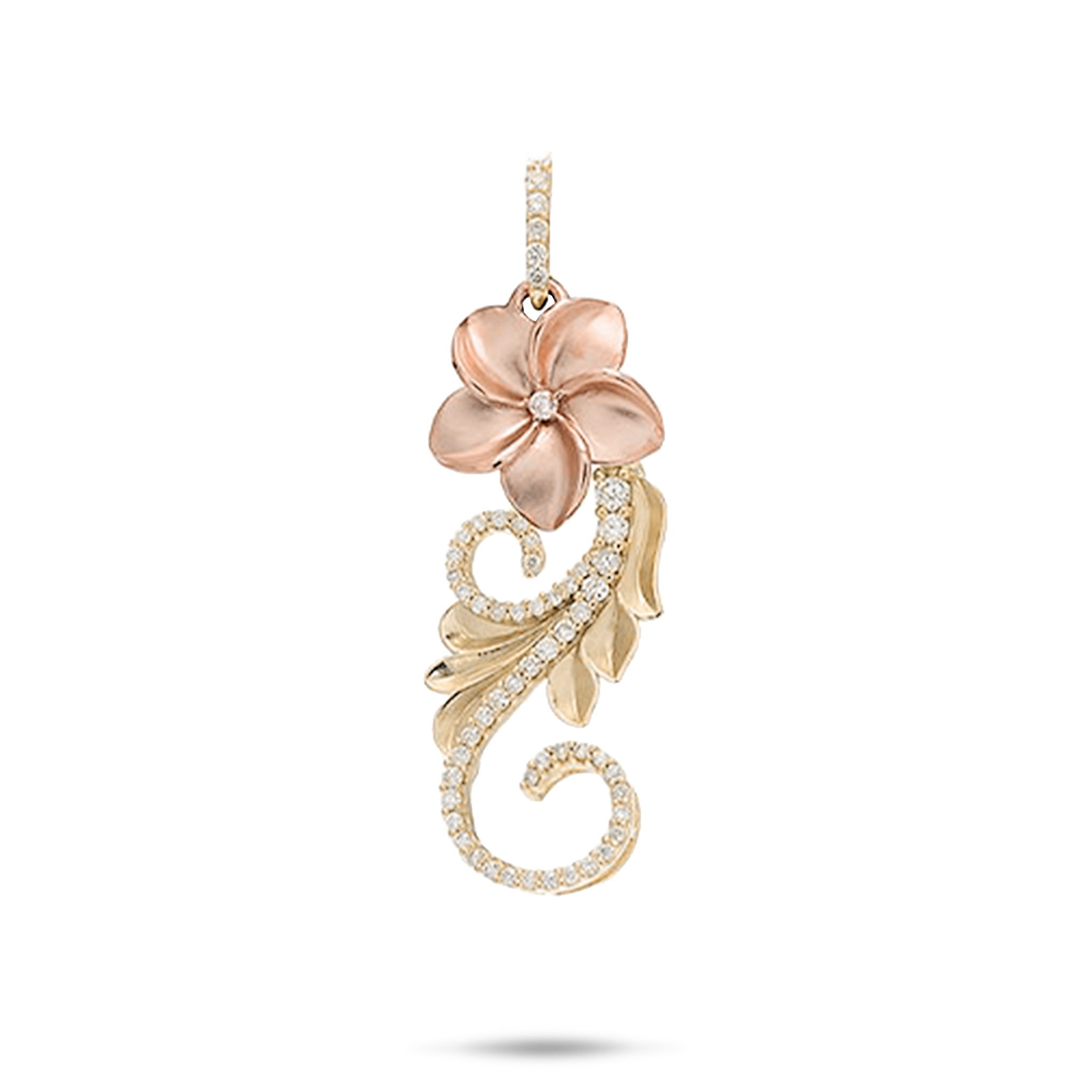 Hawaiian Heirloom Plumeria-Anhänger in zweifarbigem Gold mit Diamanten – 30 mm