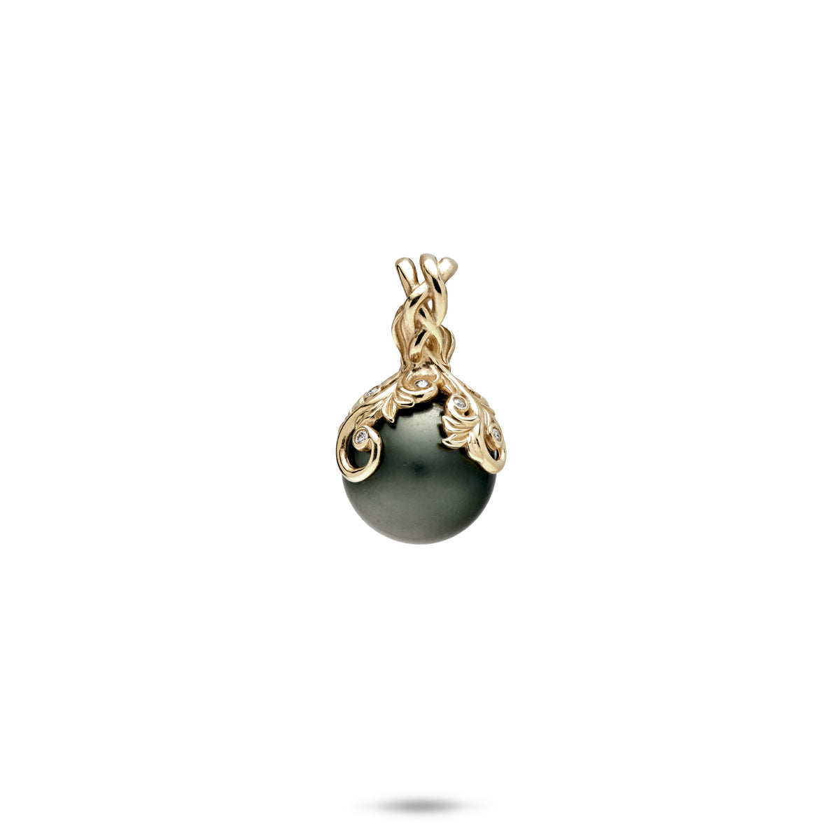 9-10mm Living Heirloom Tahitian Black Pearl Pendant with ornate gold design in 14k yellow Gold of winding maile leaves and hapuʻu ferns, diamond detail; placed on a white background