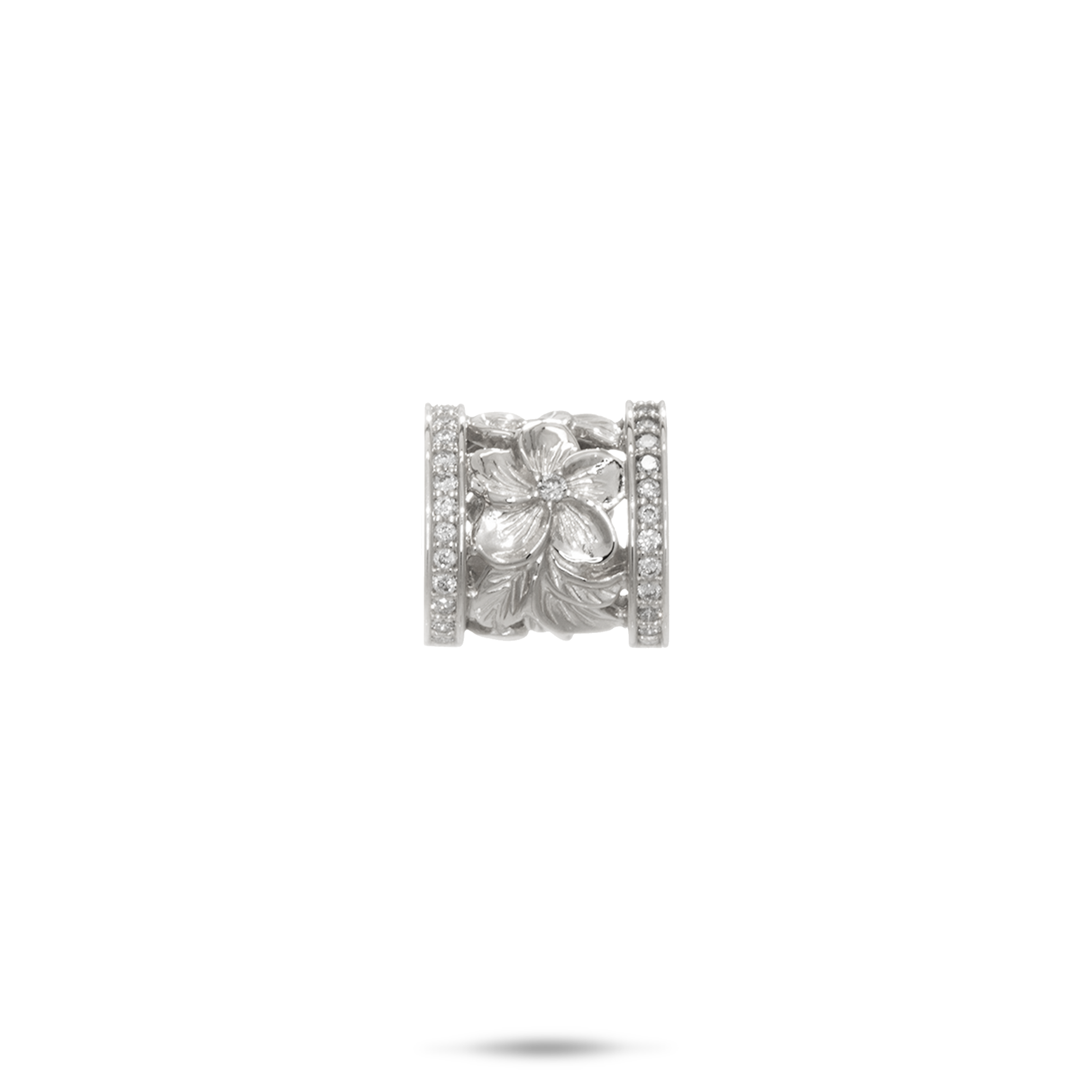 Hawaiian Heirloom Plumeria Barrel Pendant in White Gold with Diamonds - 12mm