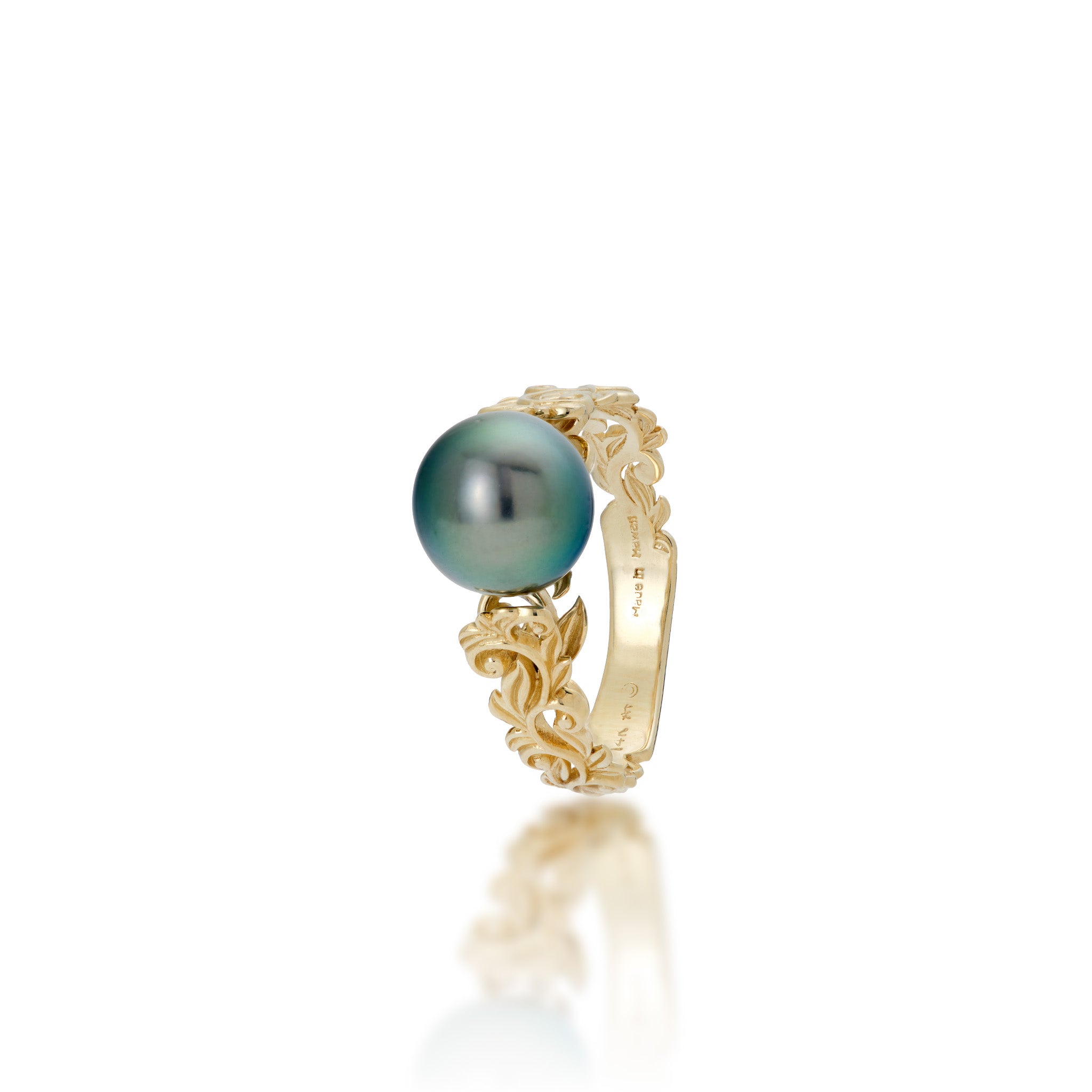 Angle view of the Living Heirloom Tahitian Black Pearl Ring in 14k Yellow Gold on a white background