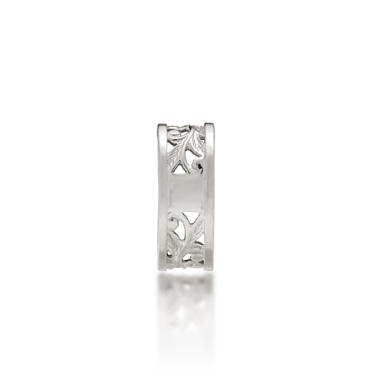 A bottom view of a 14k white gold Hawaiian Heirloom Ring showcasing the sizing band and maile leaf and fern scrollwork, shown on a white background