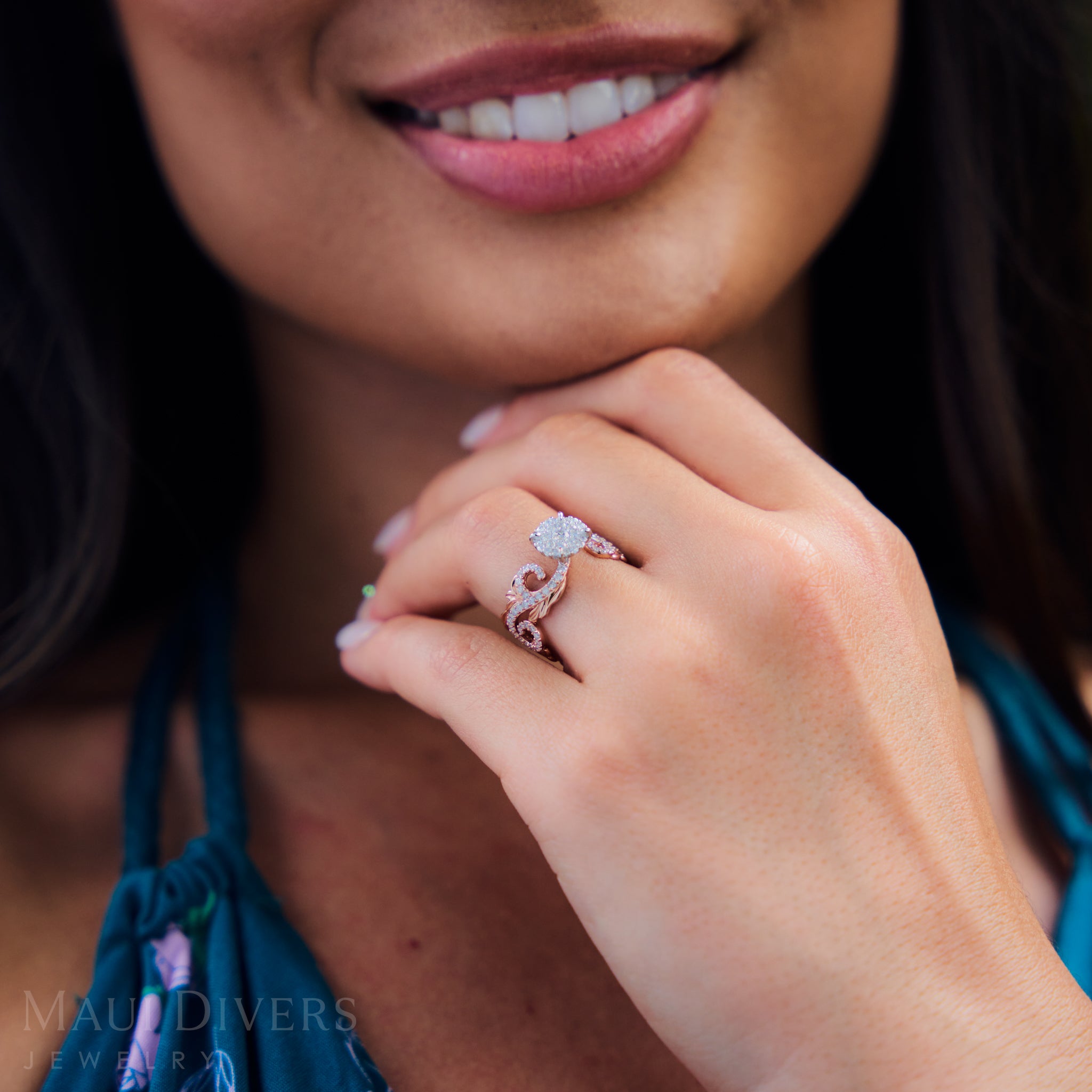Hawaiian Heirloom Engagement Ring in Two Tone Gold with Diamonds
