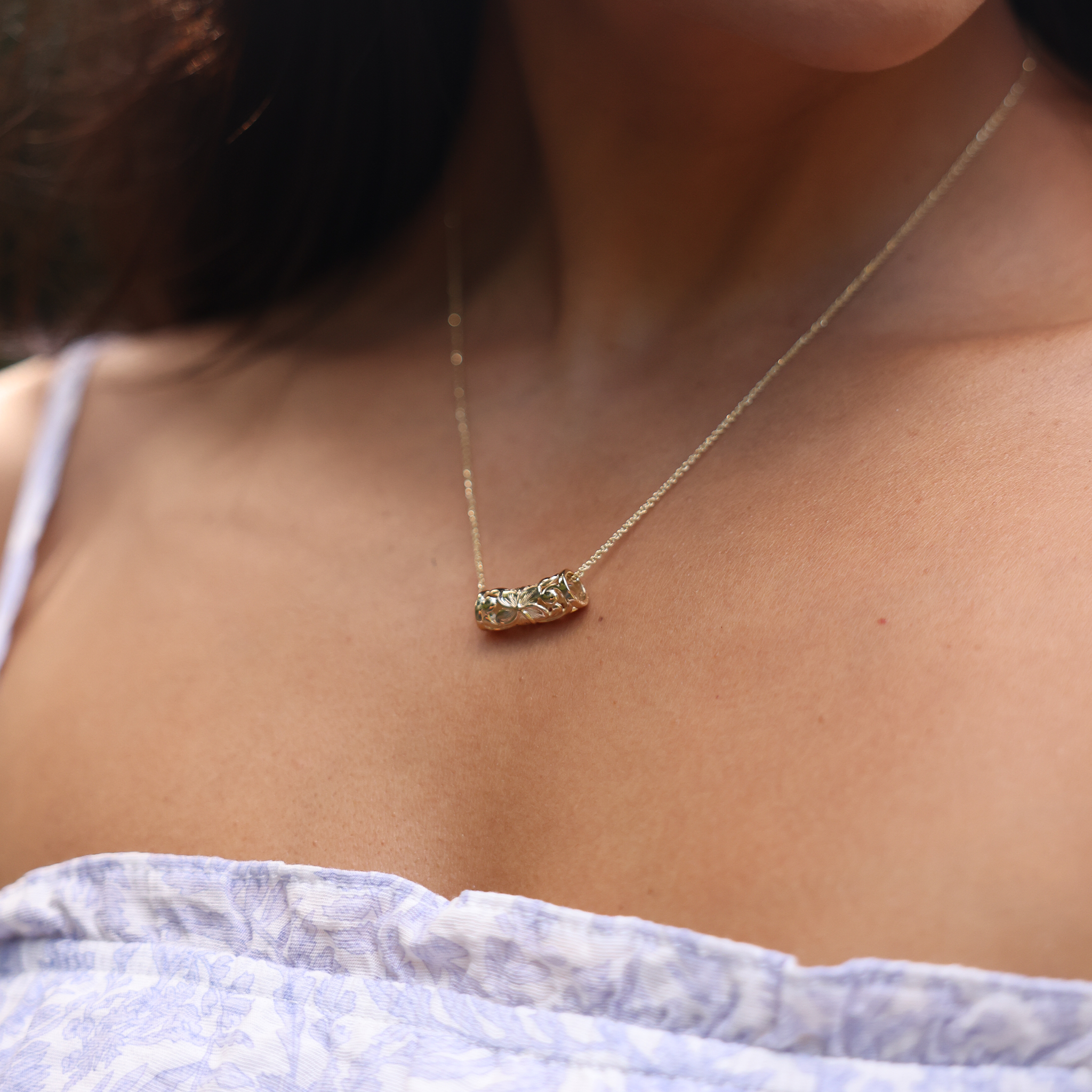 Hawaiian Heirloom Plumeria Scroll Barrel Pendant in Gold - 7mm