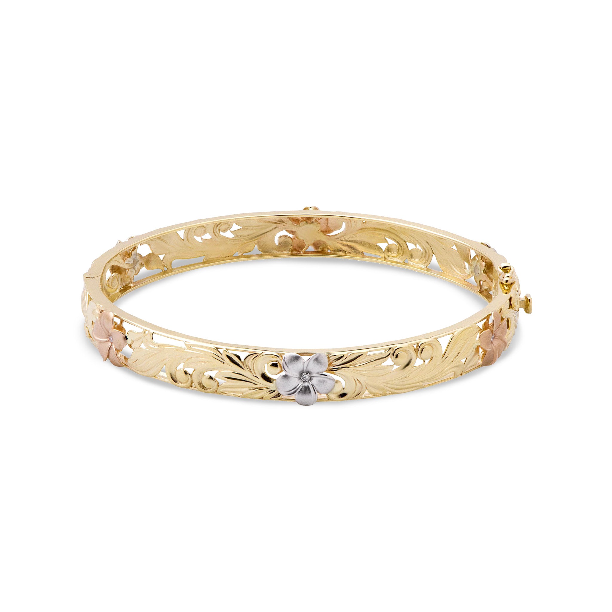 ダイヤモンド付きトライカラーゴールドのハワイアンの家宝プルメリアブレスレット-8mm-サイズ7.5