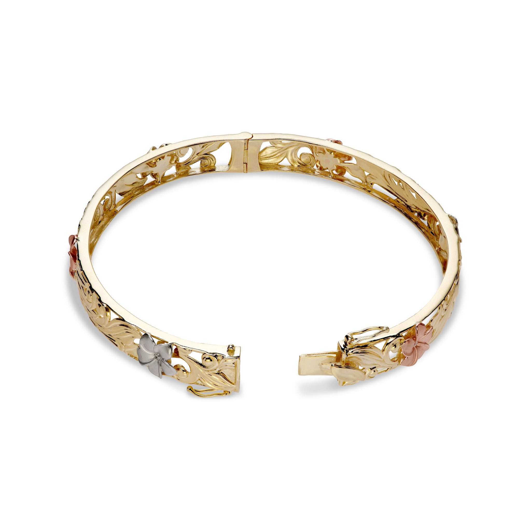 Hawaiian Heirloom Plumeria Hinge Bracelet in Tri Color Gold with Diamonds- 8mm