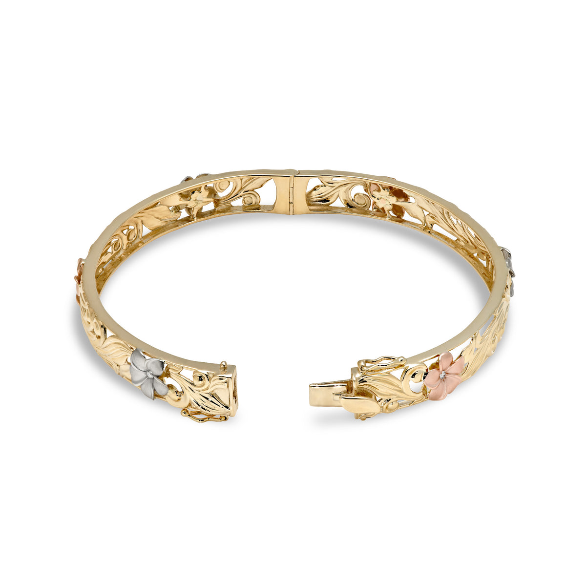 Detailed open hinge shot of 8mm Hawaiian Heirloom Bracelet in 14k yellow Gold with cut out design of rose and white gold plumeria flowers with diamond accented centers, maile leaves and hapuʻu fern; placed on a white background