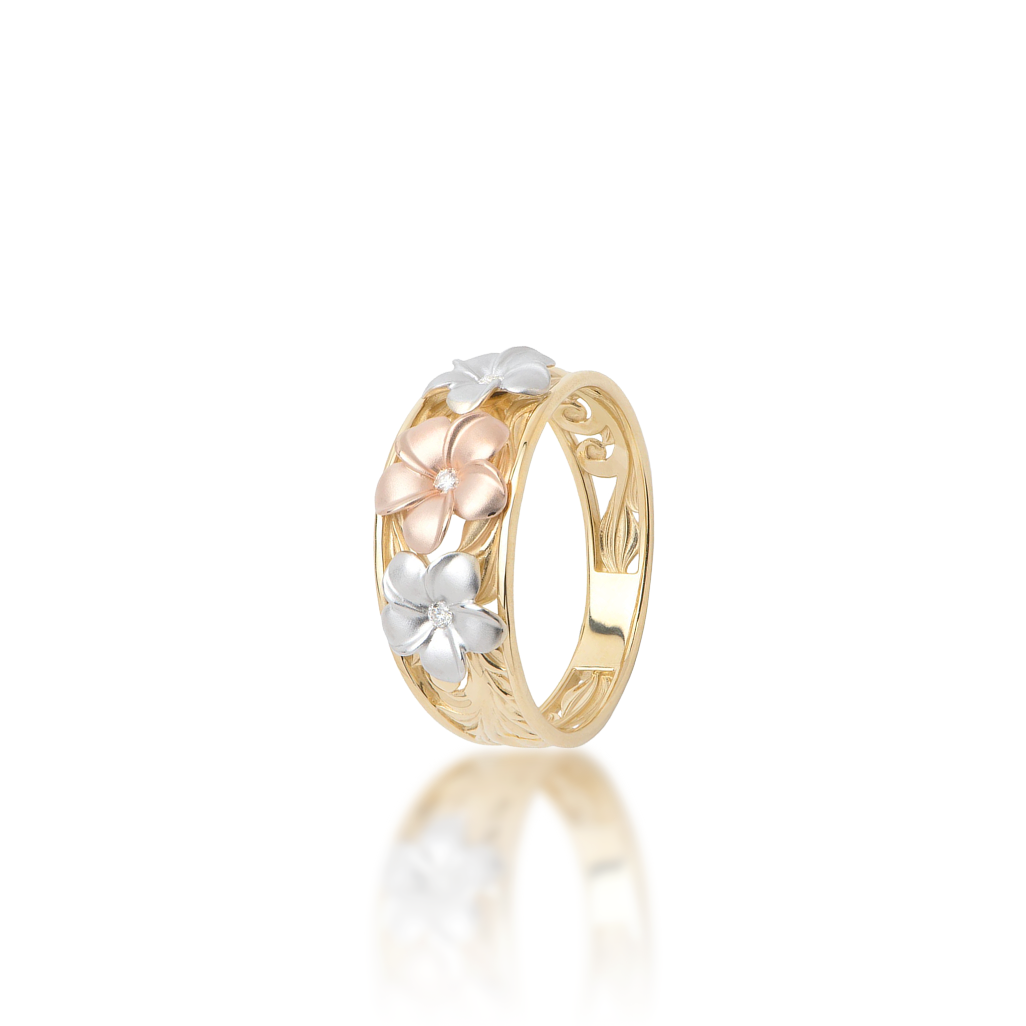 Hawaiian Heirloom Plumeria Ring in dreifarbigem Gold mit Diamanten – 8 mm