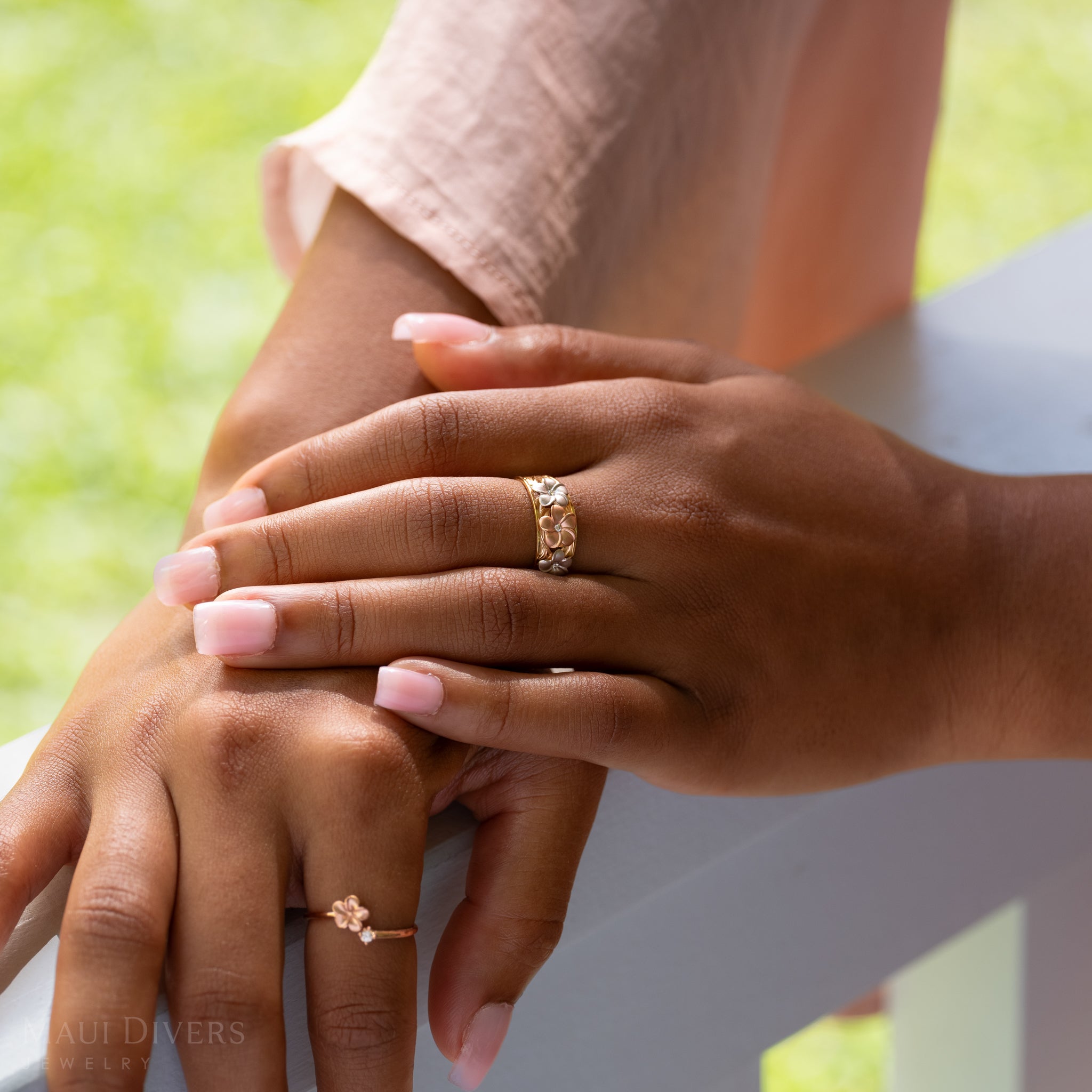Hawaiian Heirloom Plumeria Ring in Tri Color Gold with Diamonds - 8mm
