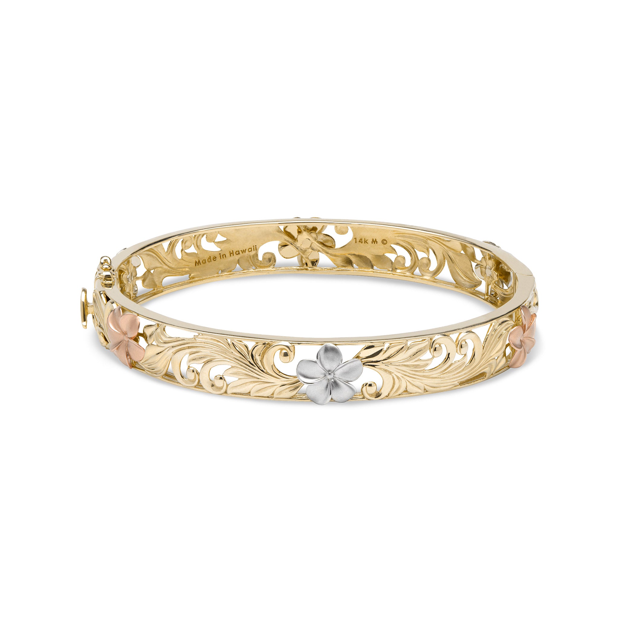 ハワイアンの家宝プルメリアブレスレットトライカラーゴールド-10mm -サイズ7.5 "