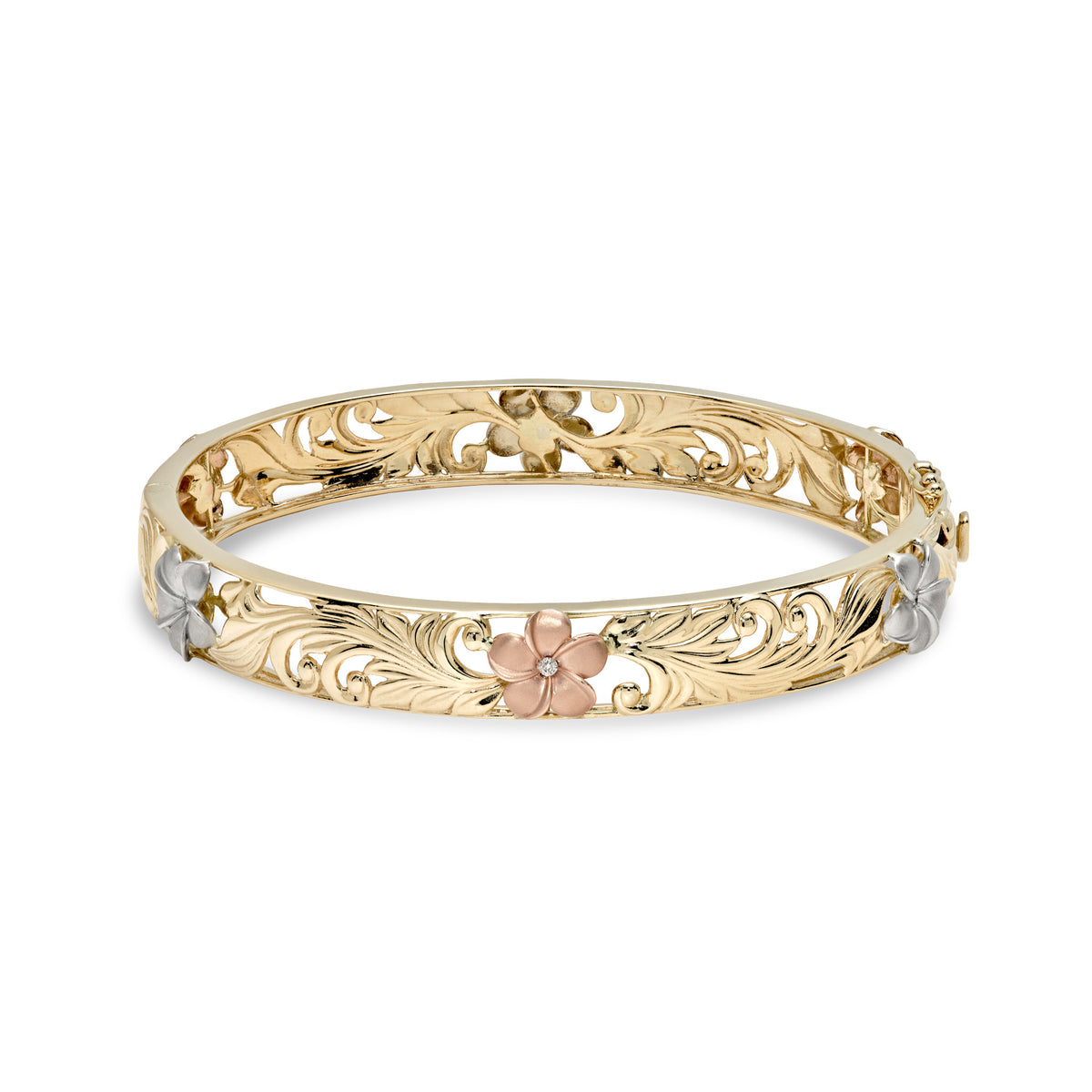 10mm Hawaiian Heirloom Hinge Bracelet in 14k yellow Gold with cut out design of rose and white gold plumeria flowers with diamond accented centers, maile leaves and hapuʻu fern; placed on a white background