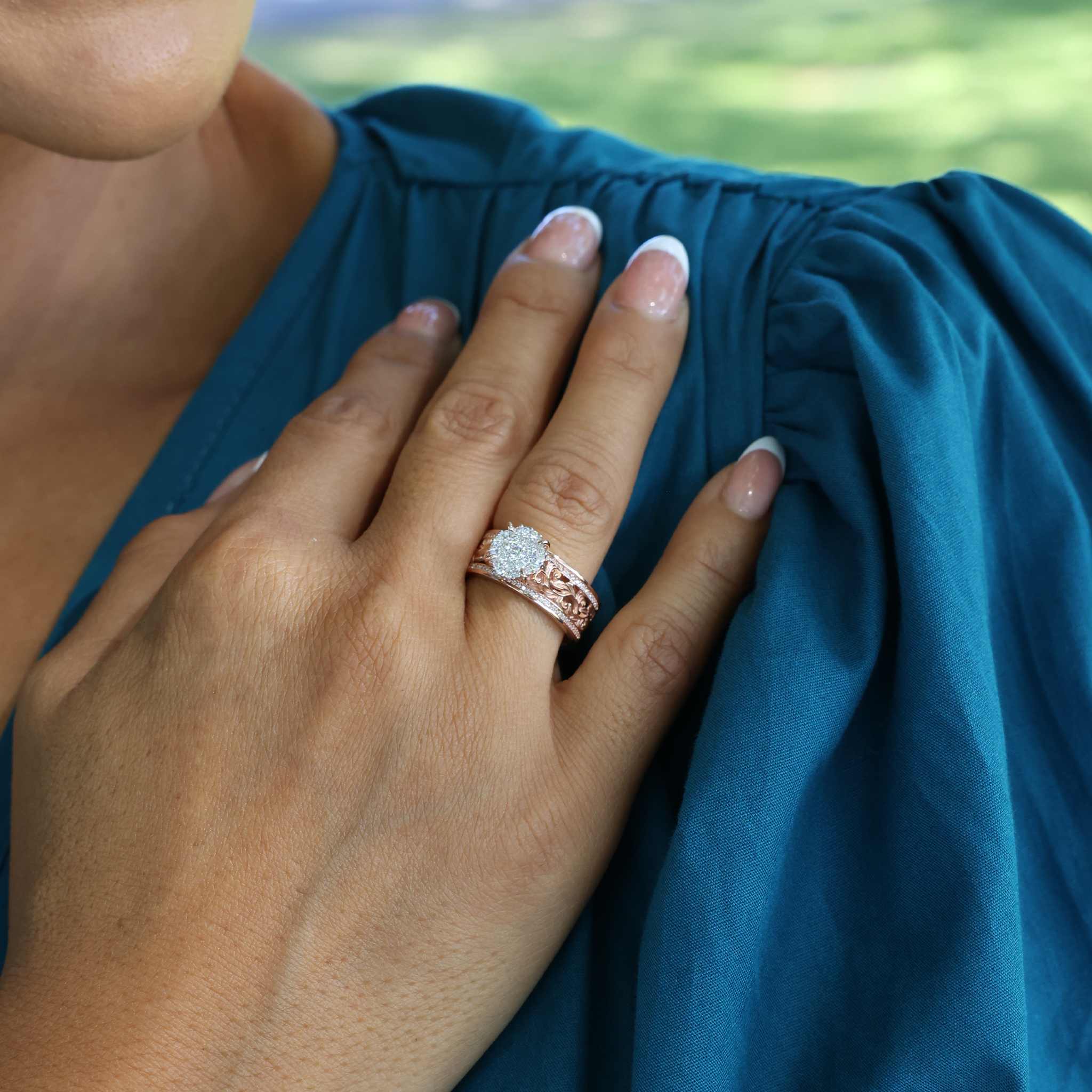 ローズゴールドとダイヤモンド - 7mmのハワイアンの家宝婚約指輪