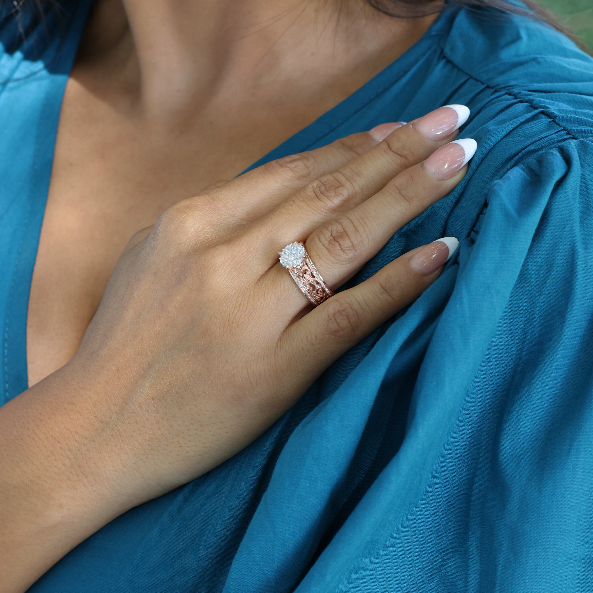 ローズゴールドとダイヤモンド - 7mmのハワイアンの家宝婚約指輪