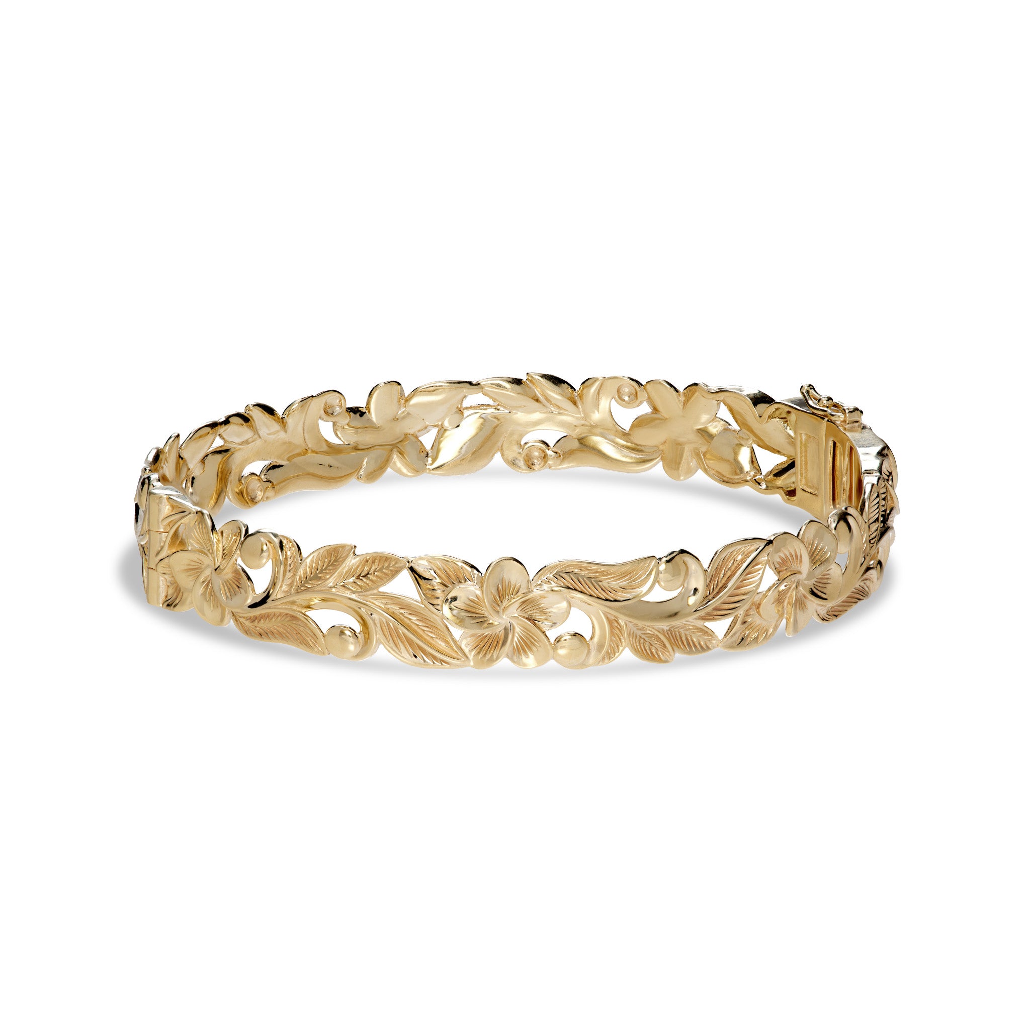 Hawaiian Heirloom Plumeria Hinge Bracelet in Gold - 10mm