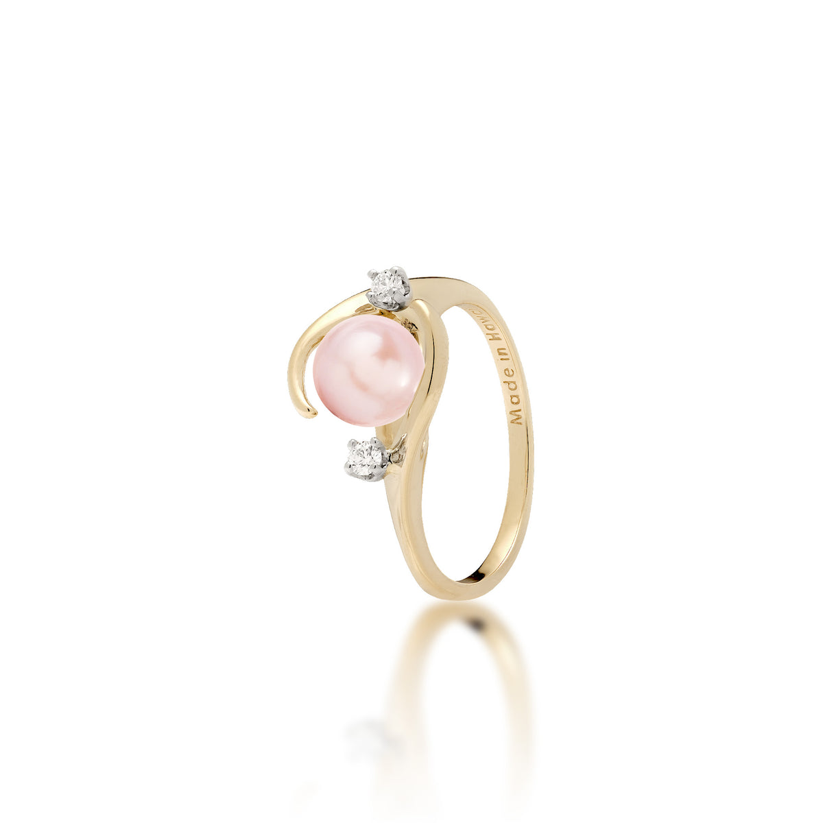 A 14k yellow gold ring with a high-polish finish featuring a round pink freshwater pearl accented by two small diamonds, shown on a clean white background with a soft reflection.