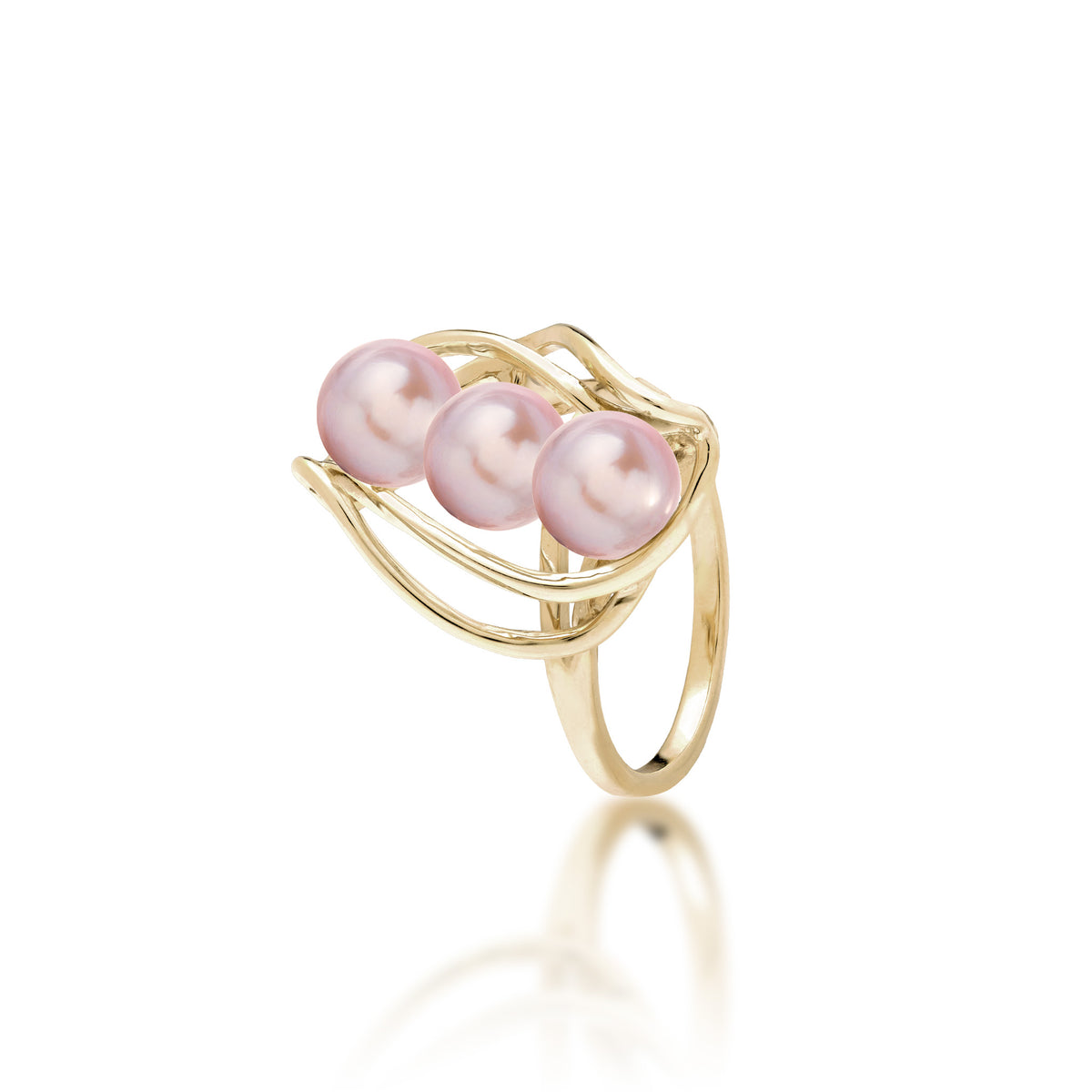 Pick A Pearl Waterfall Ring in Gold with Three Lavender Pearls on a white background
