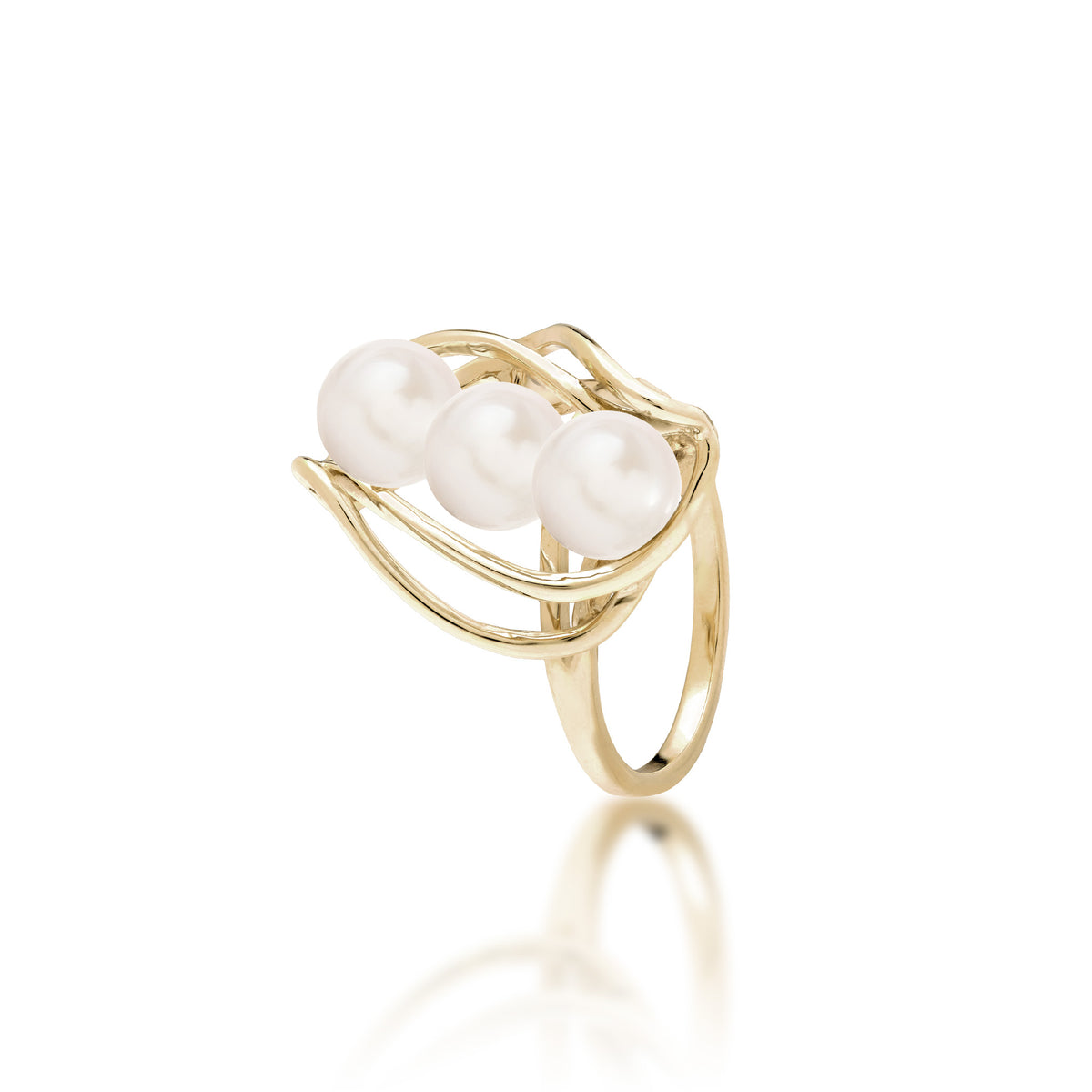 Pick A Pearl Waterfall Ring in Gold with Three White Pearls on a white background