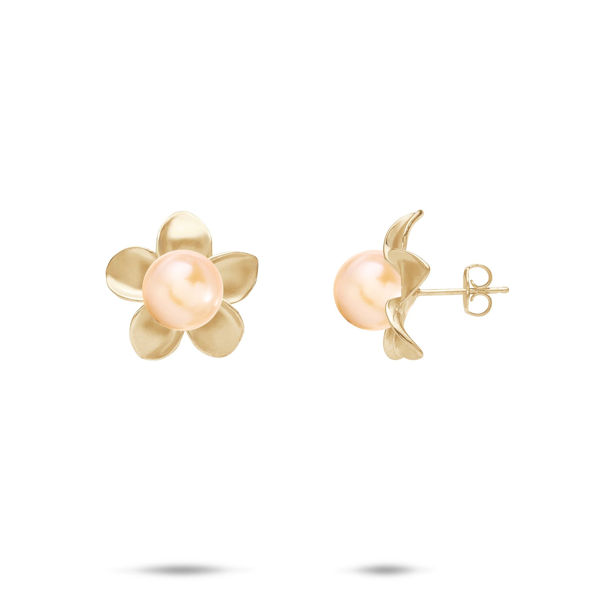 13mm Pick A Pearl Plumeria Earrings in Gold with Peach Pearls on a white background