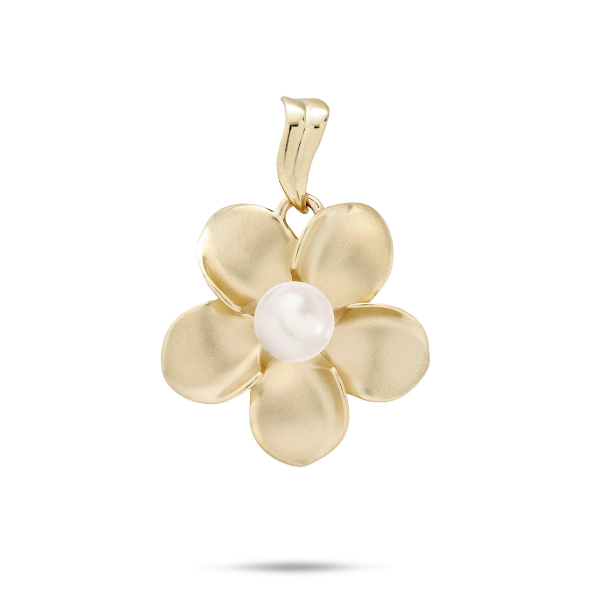A 14k yellow gold 23mm Plumeria Flower Pendant with a center white freshwater pearl and wavy high-polish bail, shown against a white background