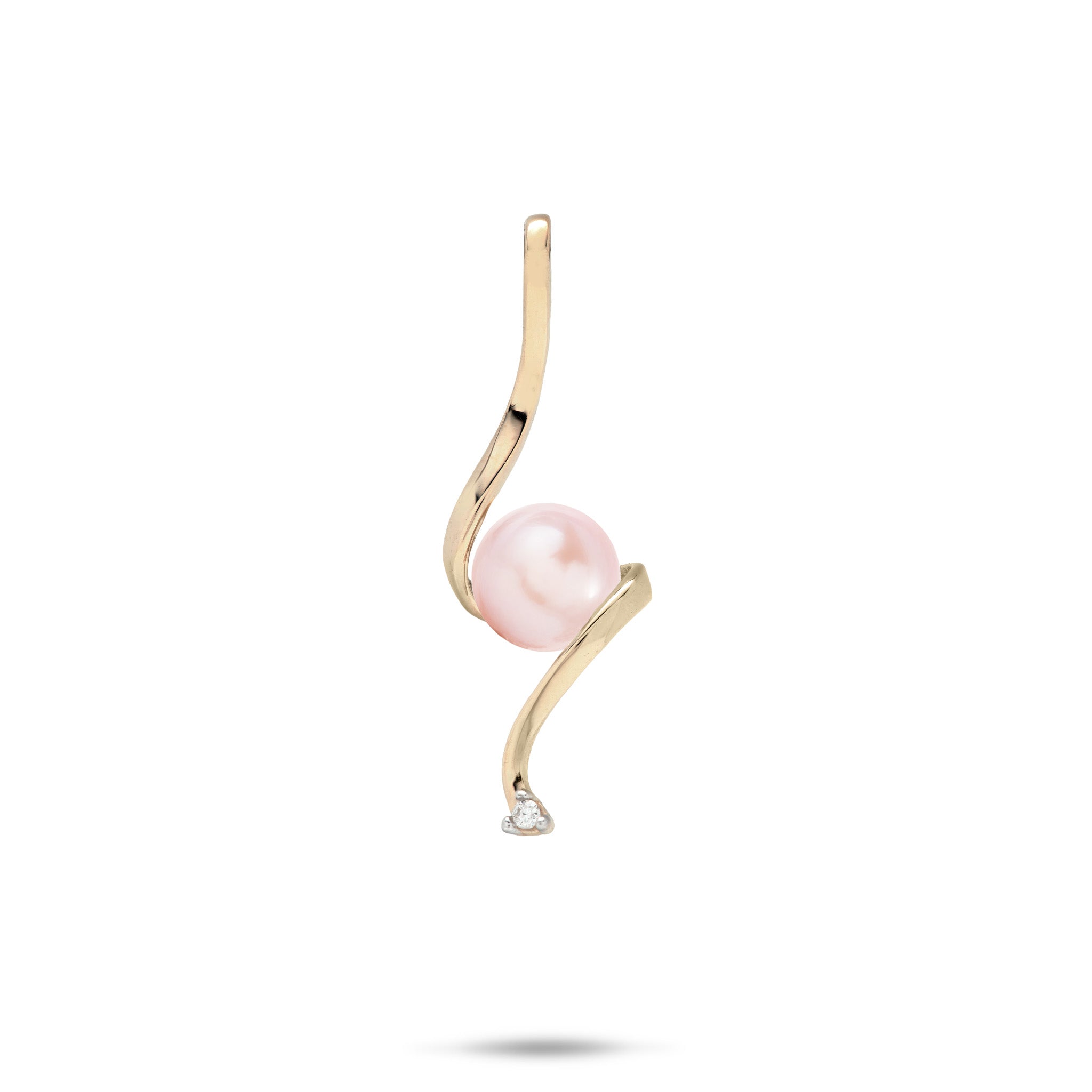 Swirling Waterfall Pendant in high-polish 14k Yellow Gold with a Lavender Freshwater Pearl in the Center and a Diamond at the Bottom against a white background