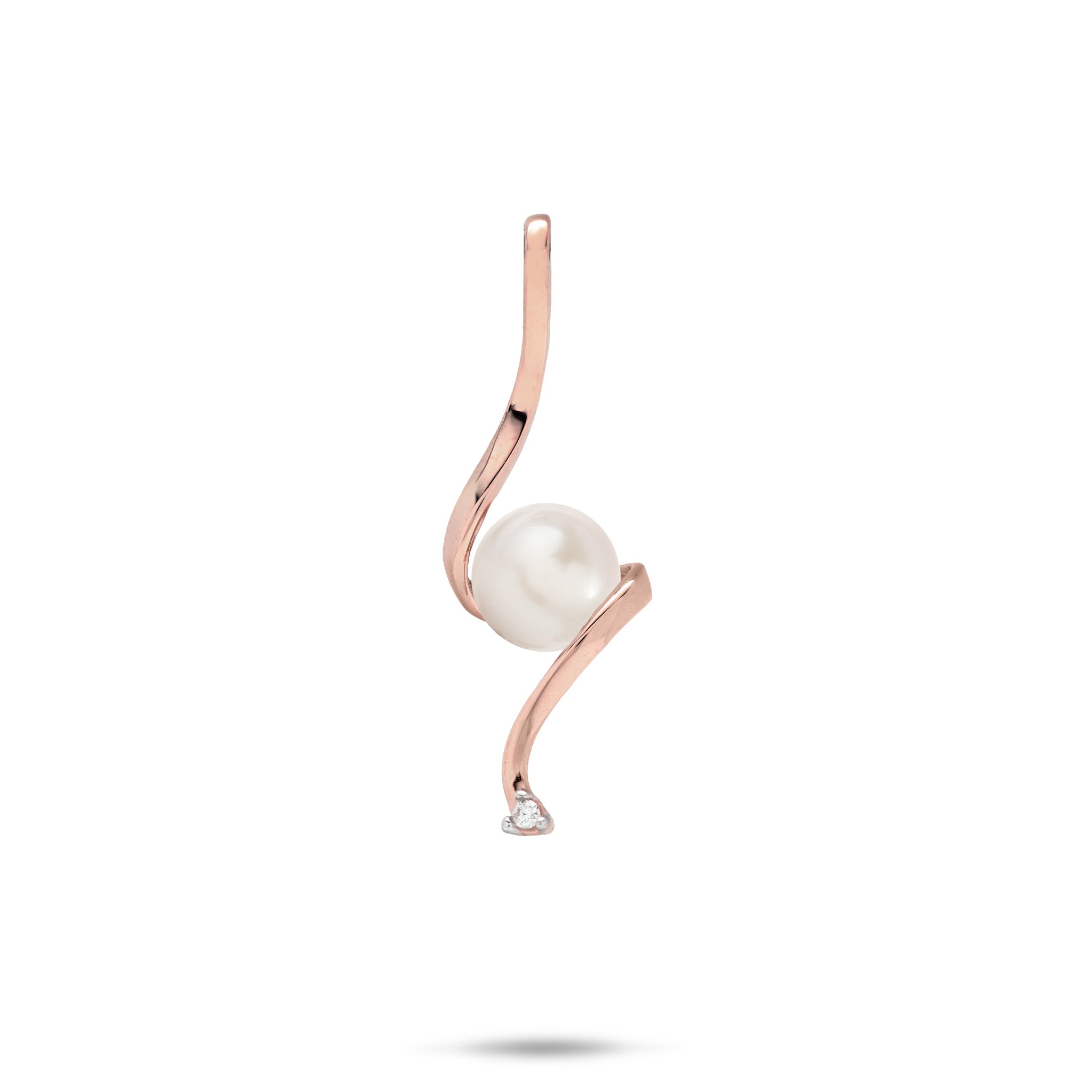 Swirling Waterfall Pendant in high-polish 14k Rose Gold with a White Freshwater Pearl in the Center and a Diamond at the Bottom against a white background