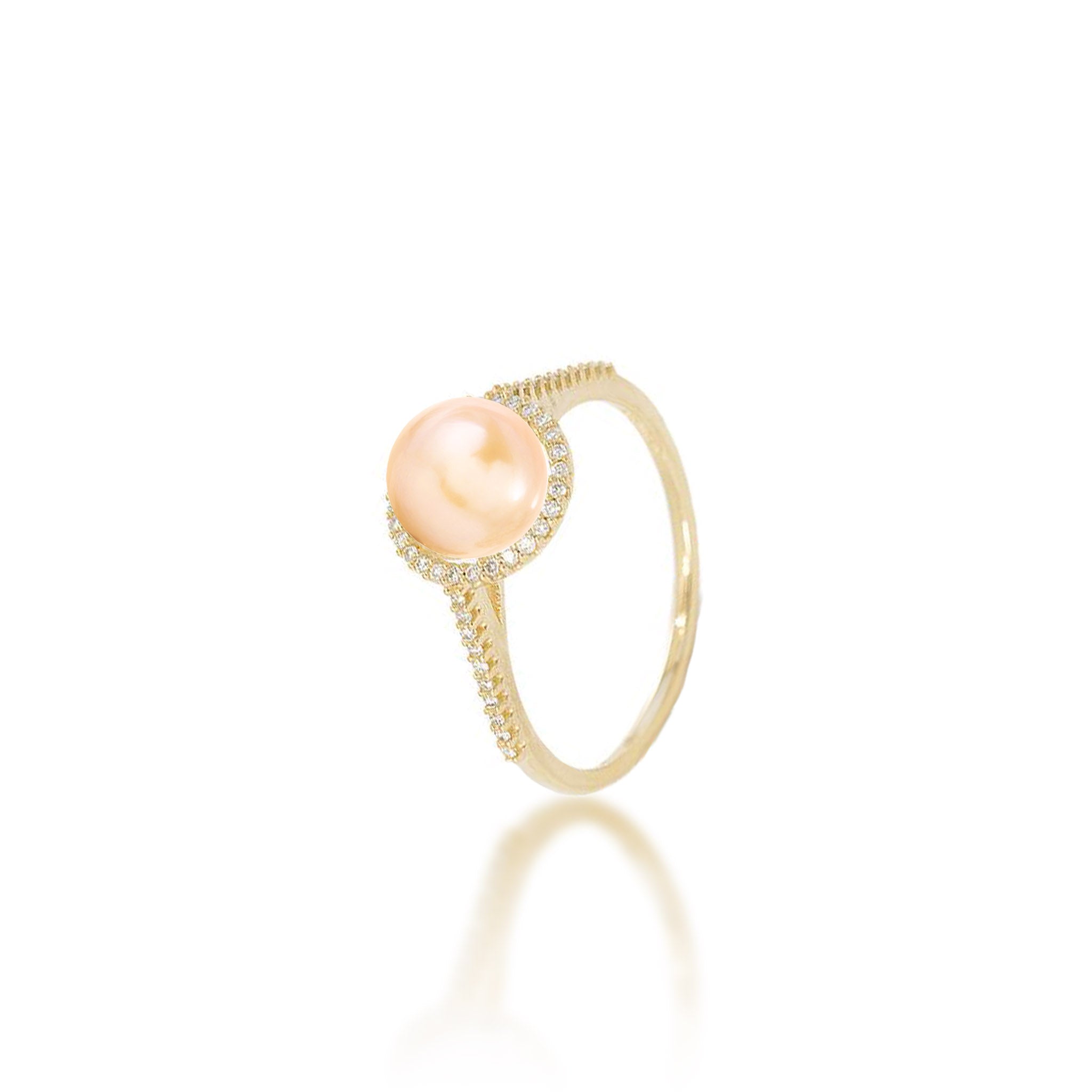 Pick A Pearl Halo Ring in Gold with Diamonds and Peach Pearl on a white background