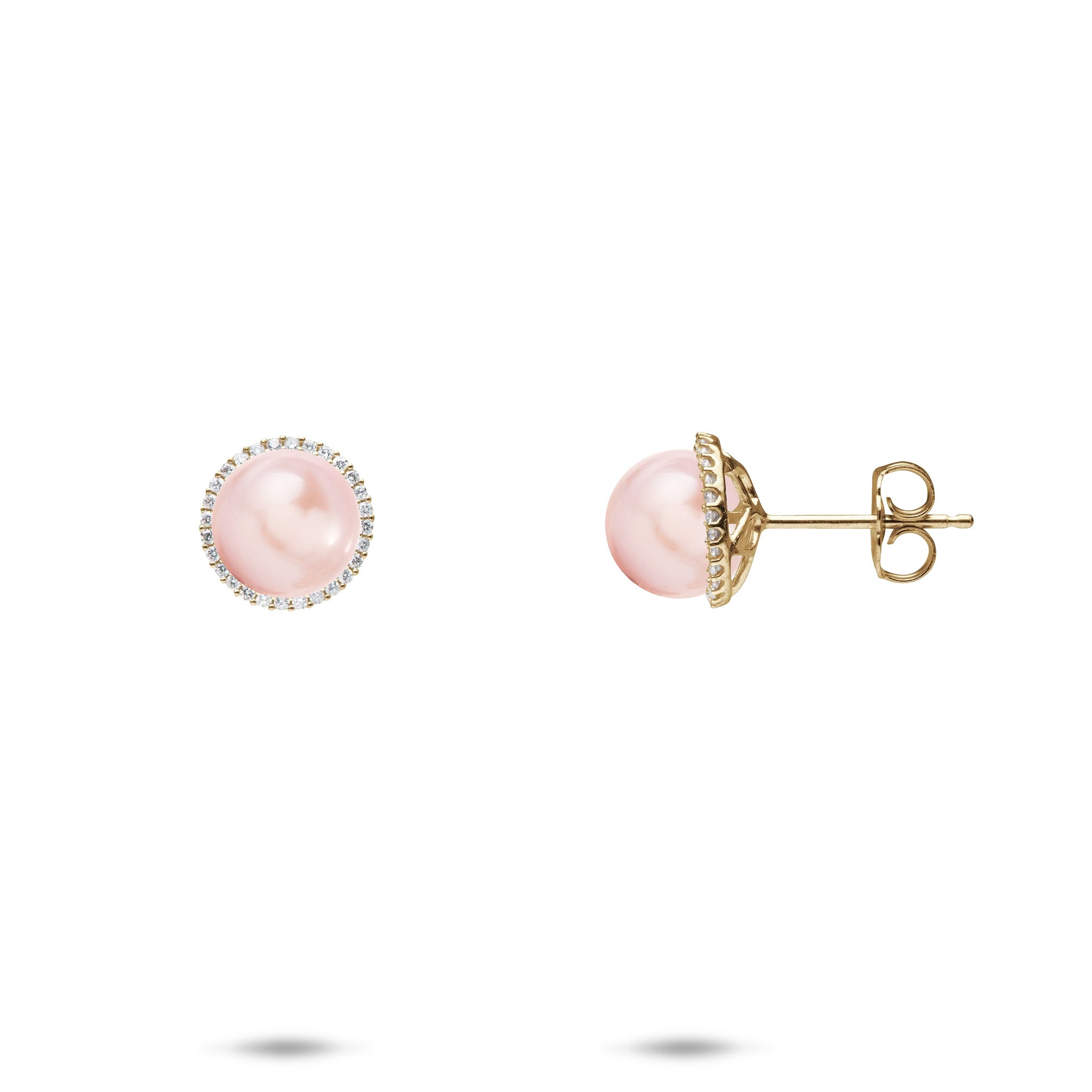Pick A Pearl Halo Earrings in Gold with Diamonds and Pink Pearls on a white background