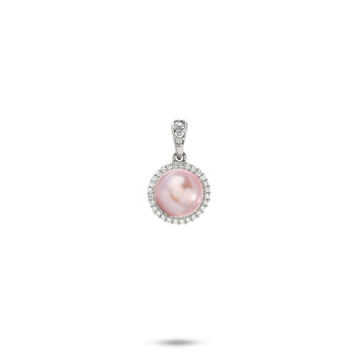 A 14k white gold diamond halo pendant with a lavender freshwater pearl and a high-polish diamond bail, shown on a white background