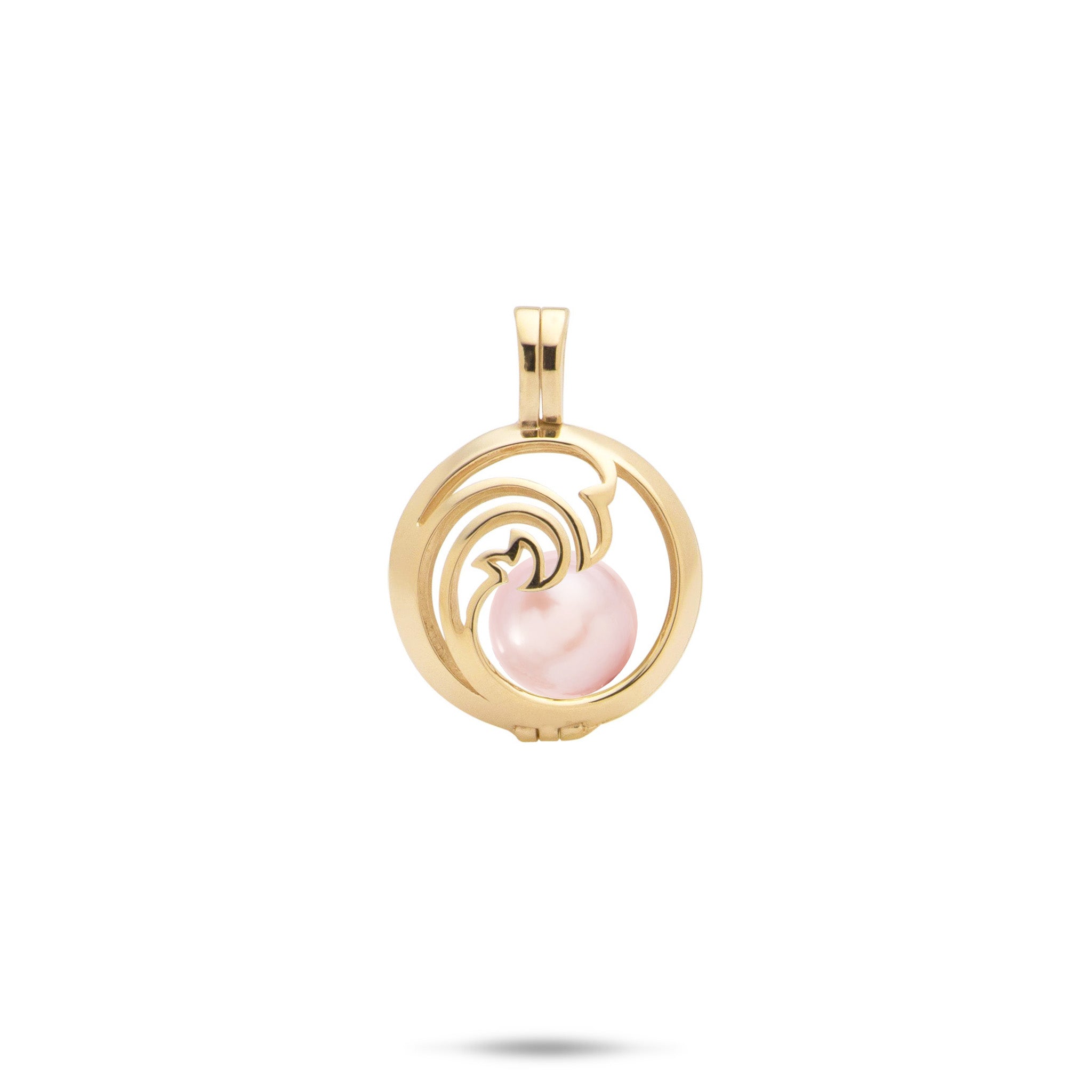 Pick A Pearl Nalu Cage Pendant in Gold with a Pink Freshwater Pearl on a white background