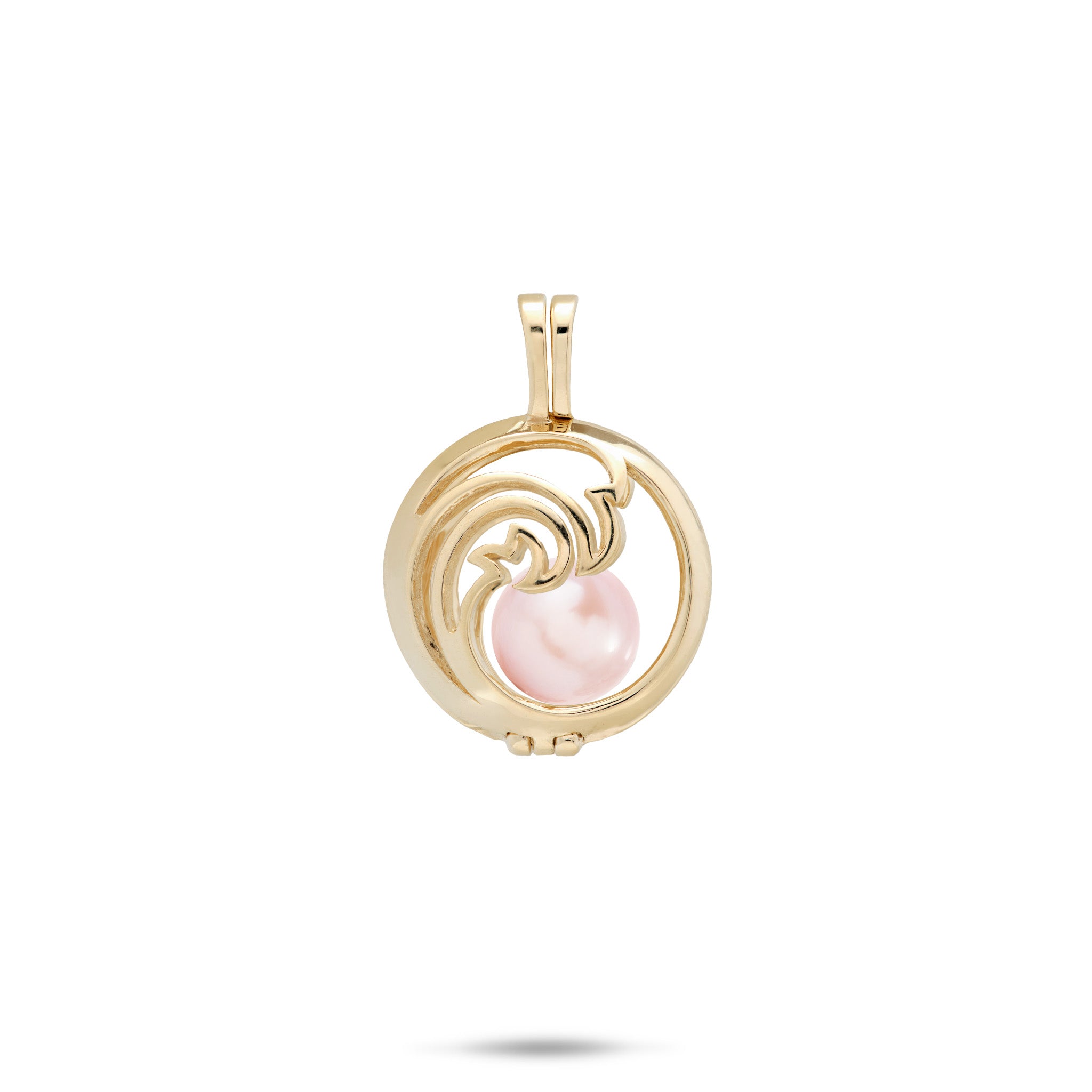 Pick A Pearl Nalu Cage Pendant in 14k Yellow Gold with a Pink Freshwater Pearl on a white background