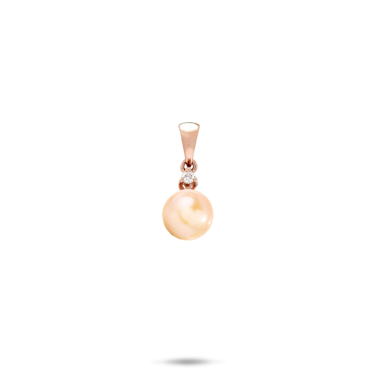 A simple 14k rose gold pendant with a peach freshwater pearl and diamond above it and a high-polish bail, shown on a white background