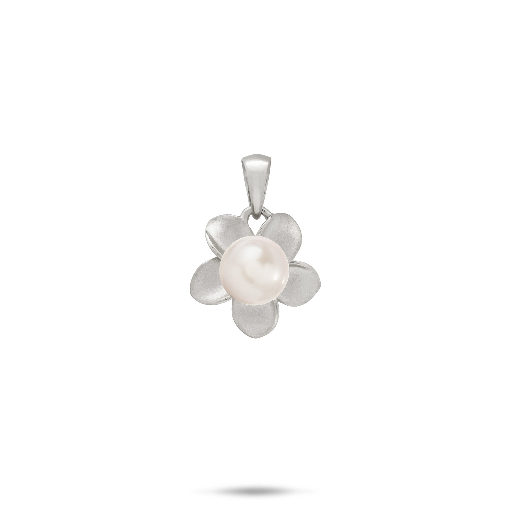 A 13mm 14k white gold plumeria flower pendant with a white freshwater pearl at the center, shown on a white background