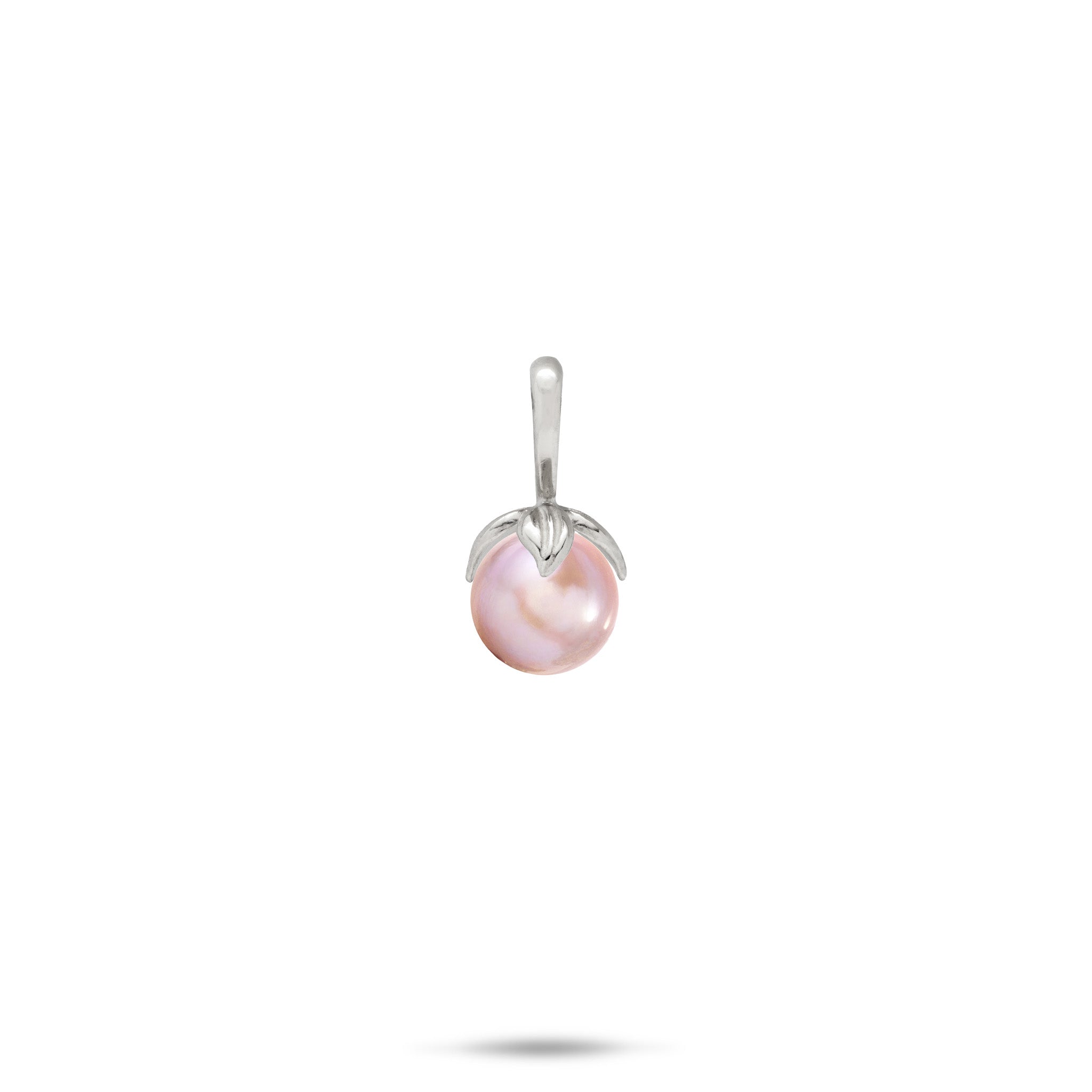 14k White Gold Pendant with a high-polish bail and maile leaves wrapping a lavender freshwater pearl on a white background