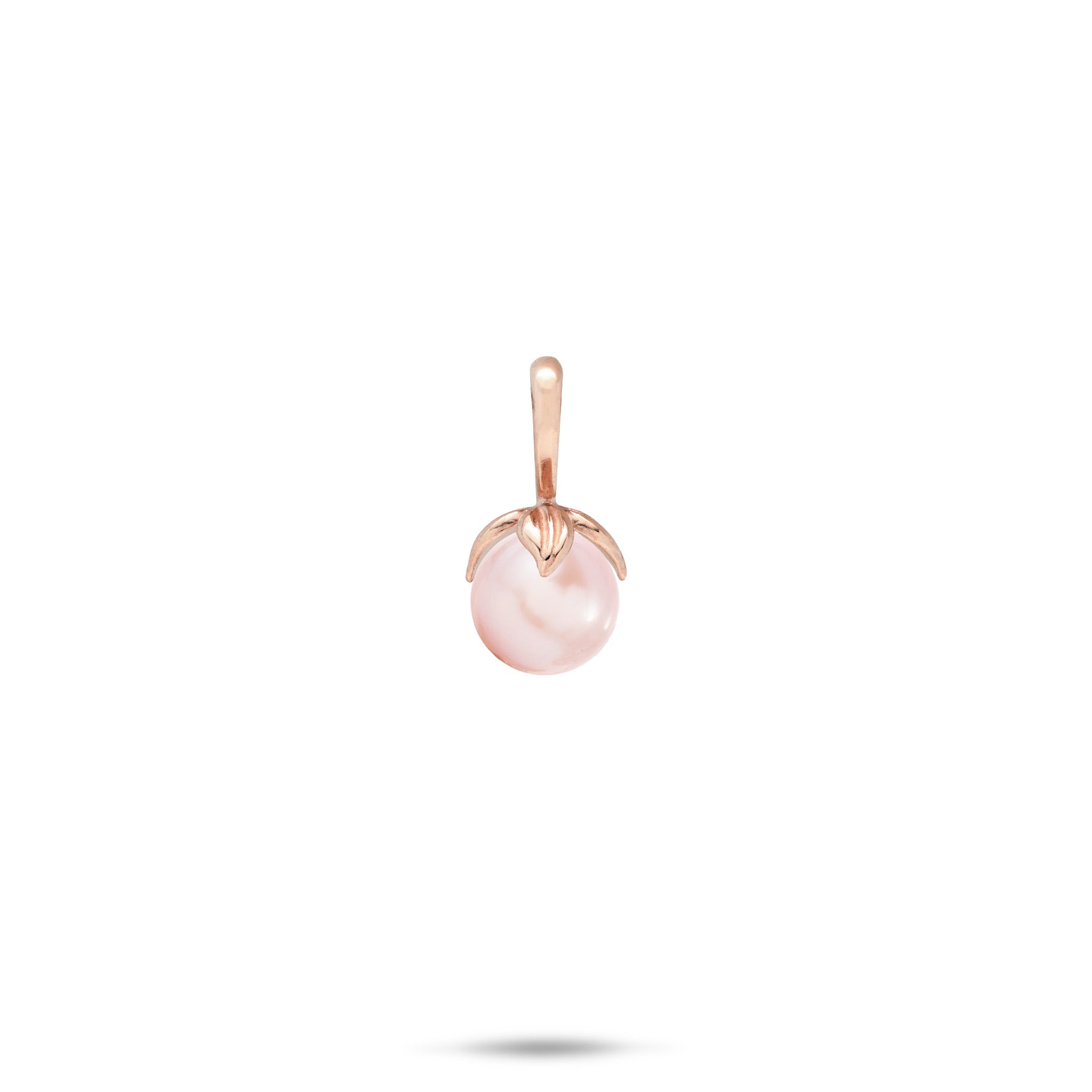 14k White Gold Pendant with a high-polish bail and maile leaves wrapping a pink freshwater pearl on a white background