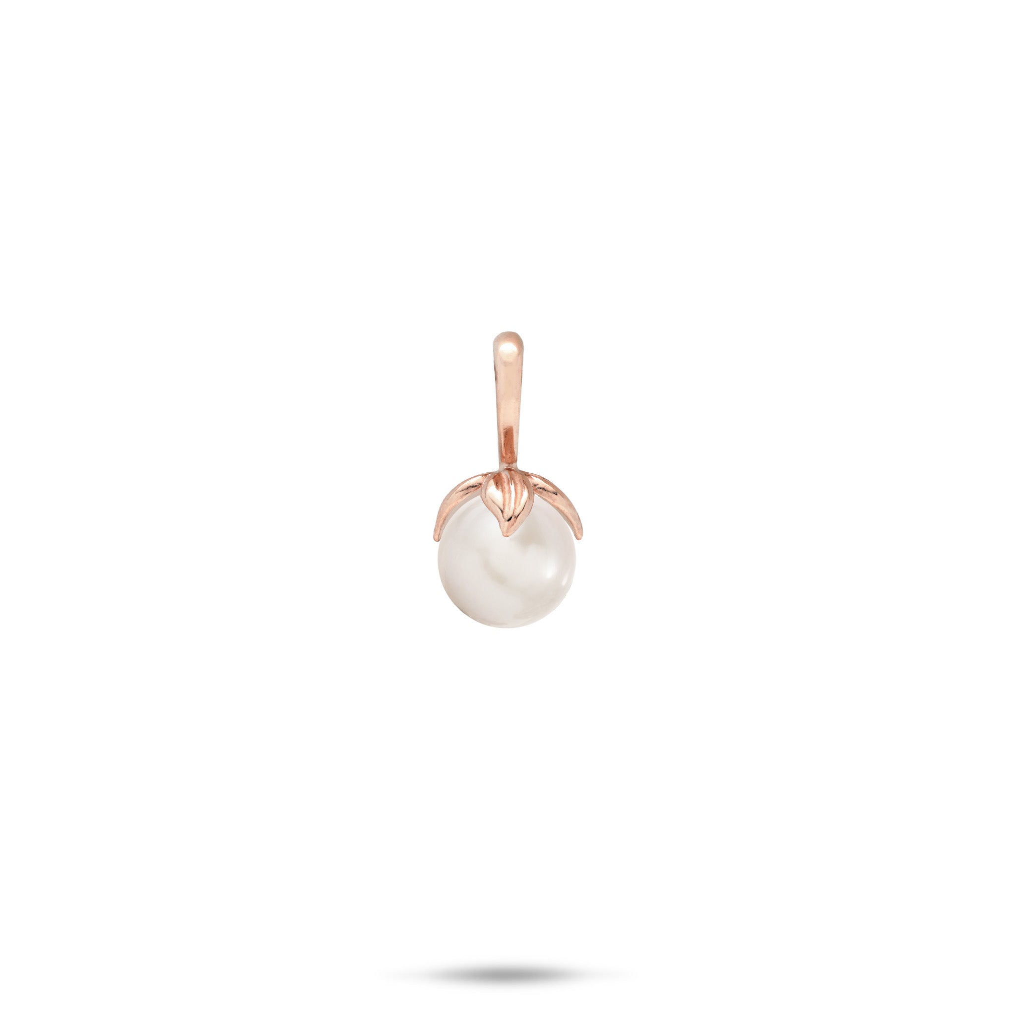 14k White Gold Pendant with a high-polish bail and maile leaves wrapping a white freshwater pearl on a white background