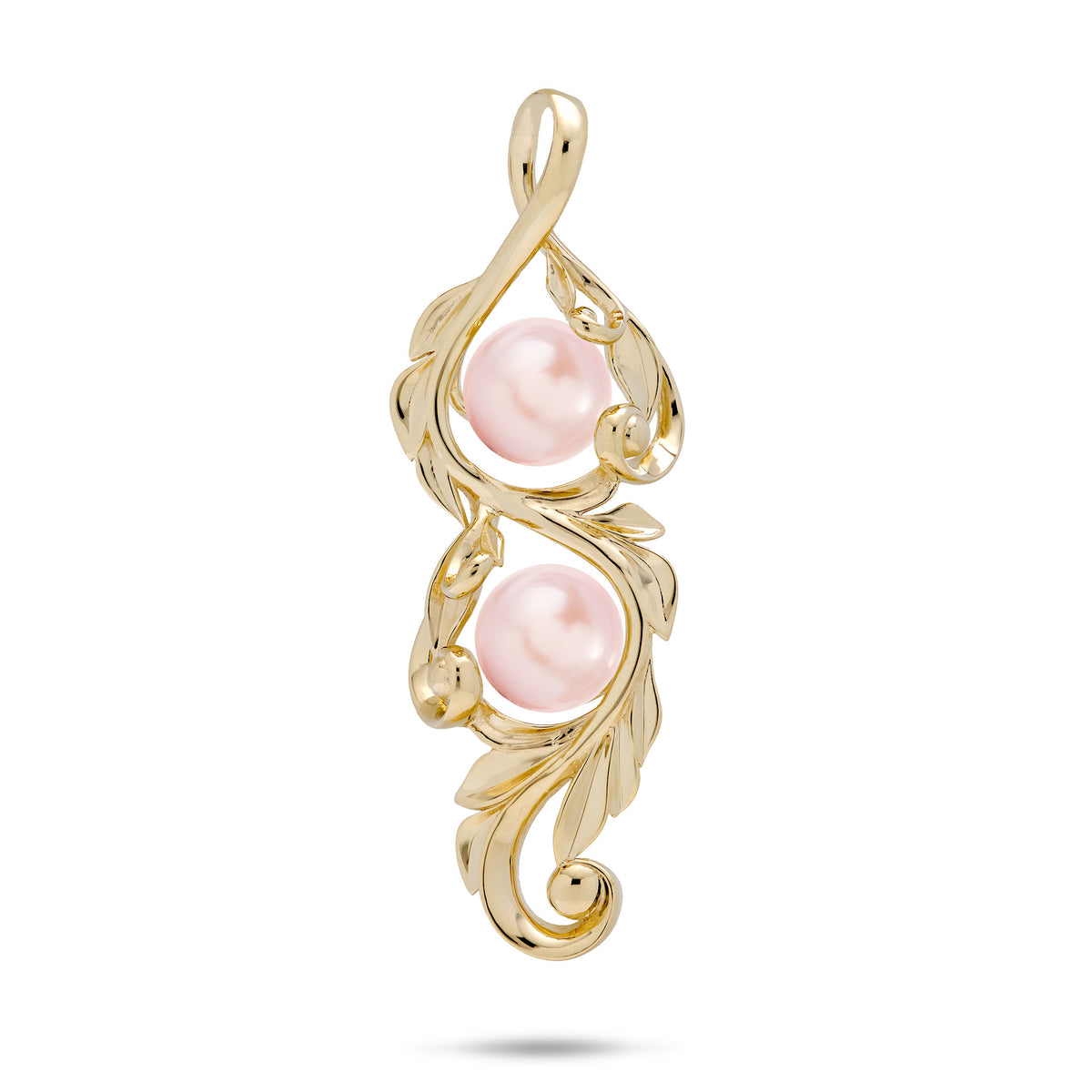41mm Pick A Pearl Maile Scroll Pendant in 14k yellow Gold with Double Pink Pearls on a white background